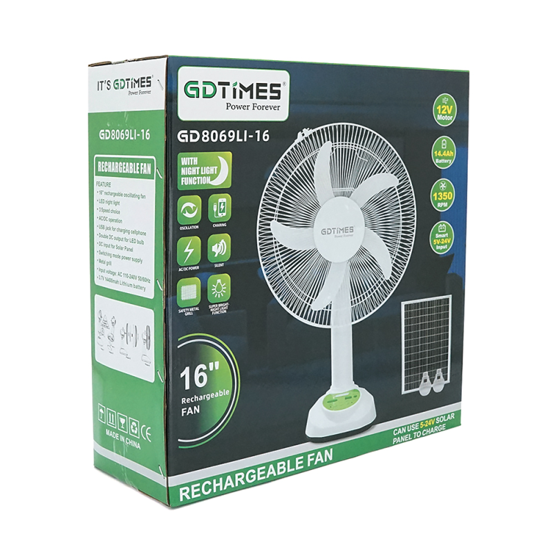 Вентилятор GDTIMES GD 8069LI-16, 16", Solar+ вбудований акумулятор, 2*USB лампочки, Box