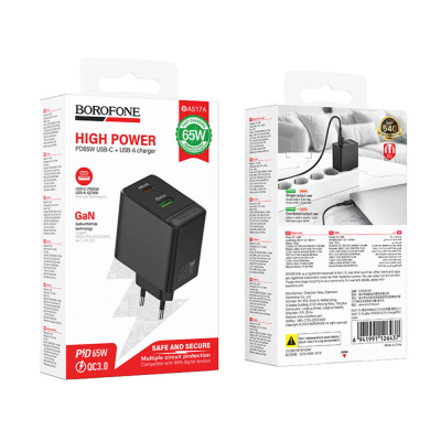 СЗУ BOROFONE BAS17A, PD65W+Q3.0, 1xUSB+1xUSB-C, 65W, Black, Box