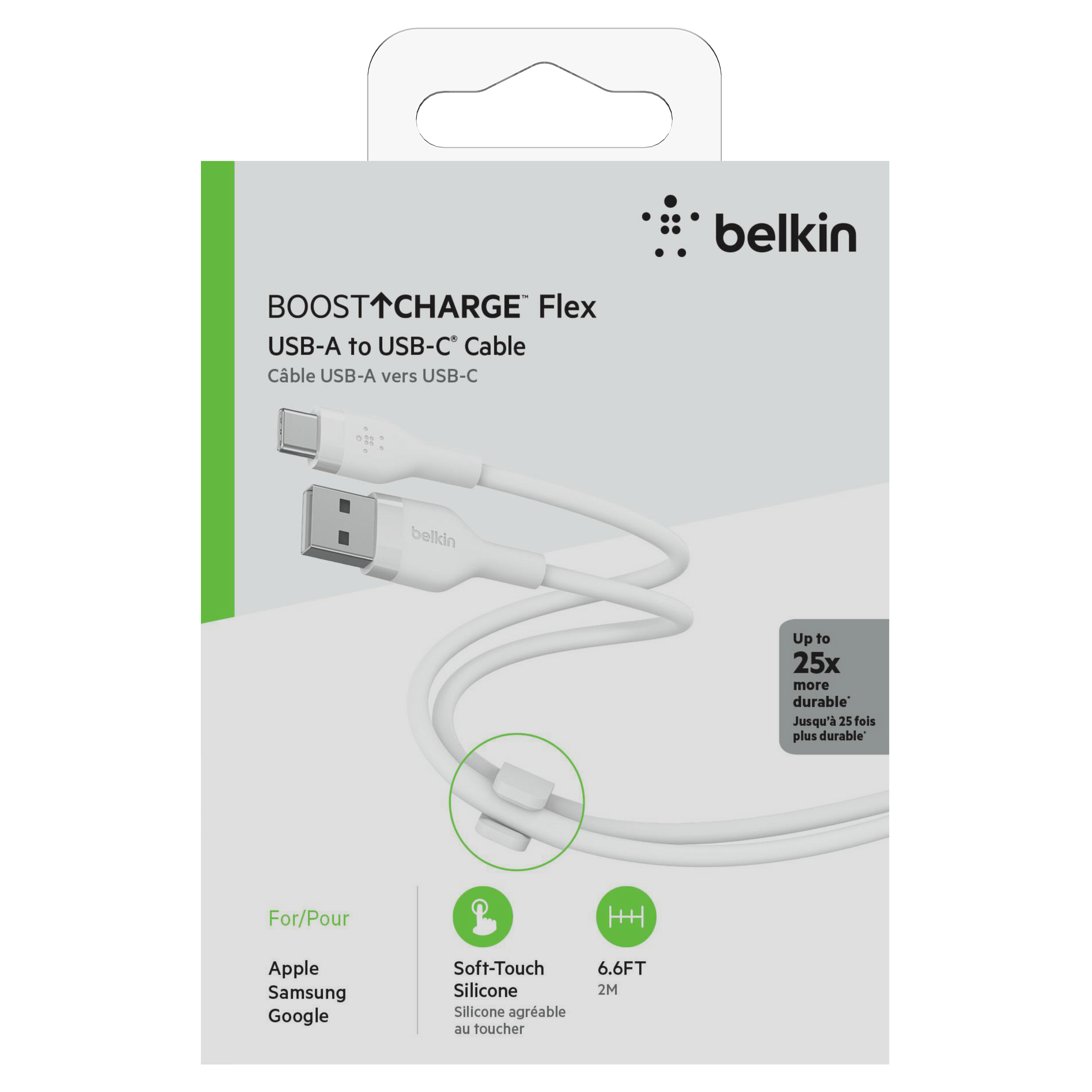 Belkin Кабель USB-A - USB-C силіконовий, з кліпсою, 2м, білий