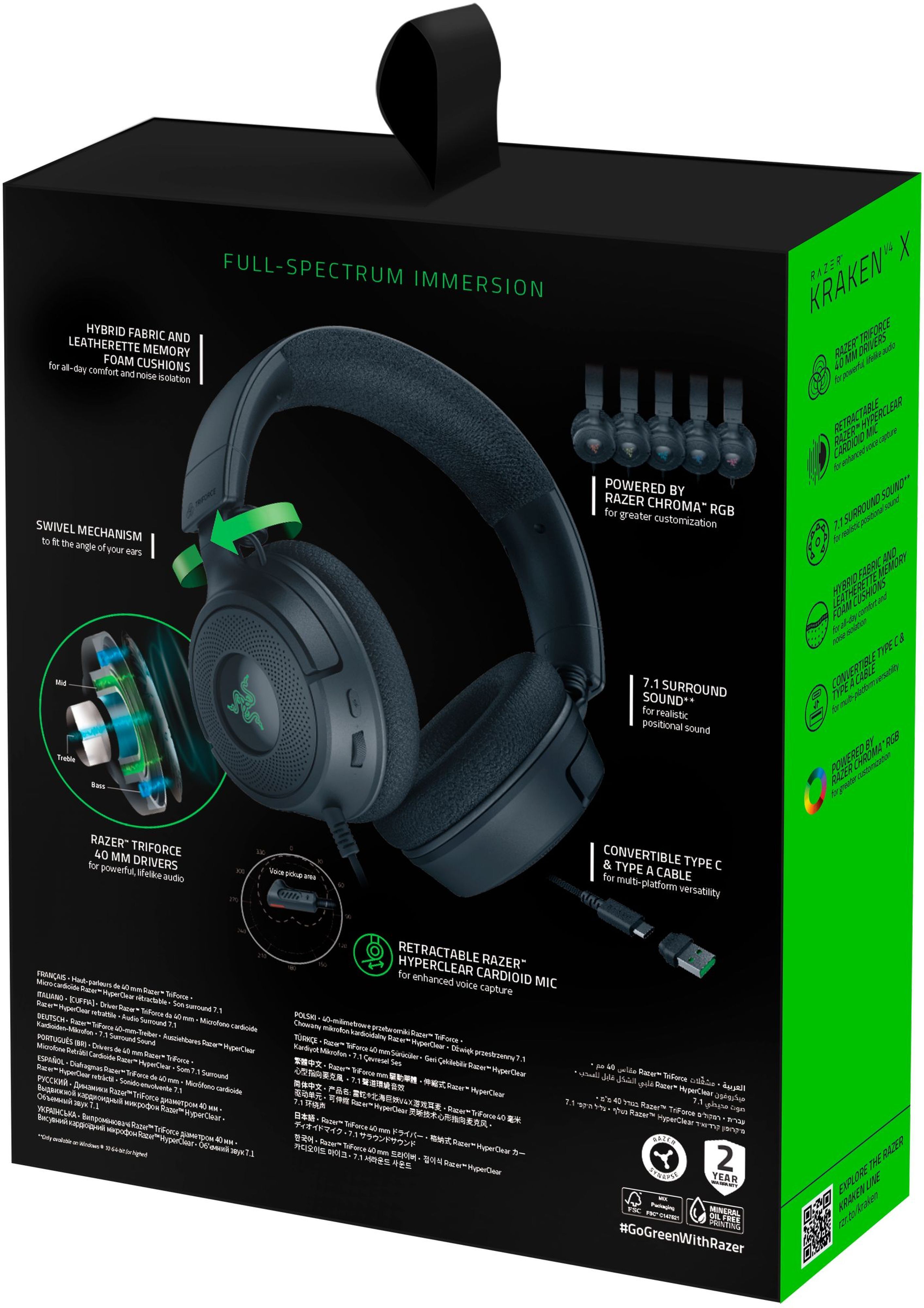 Razer Гарнітура ігрова Kraken V4 X, 7.1, USB-A, 1.8м, RGB, чорний