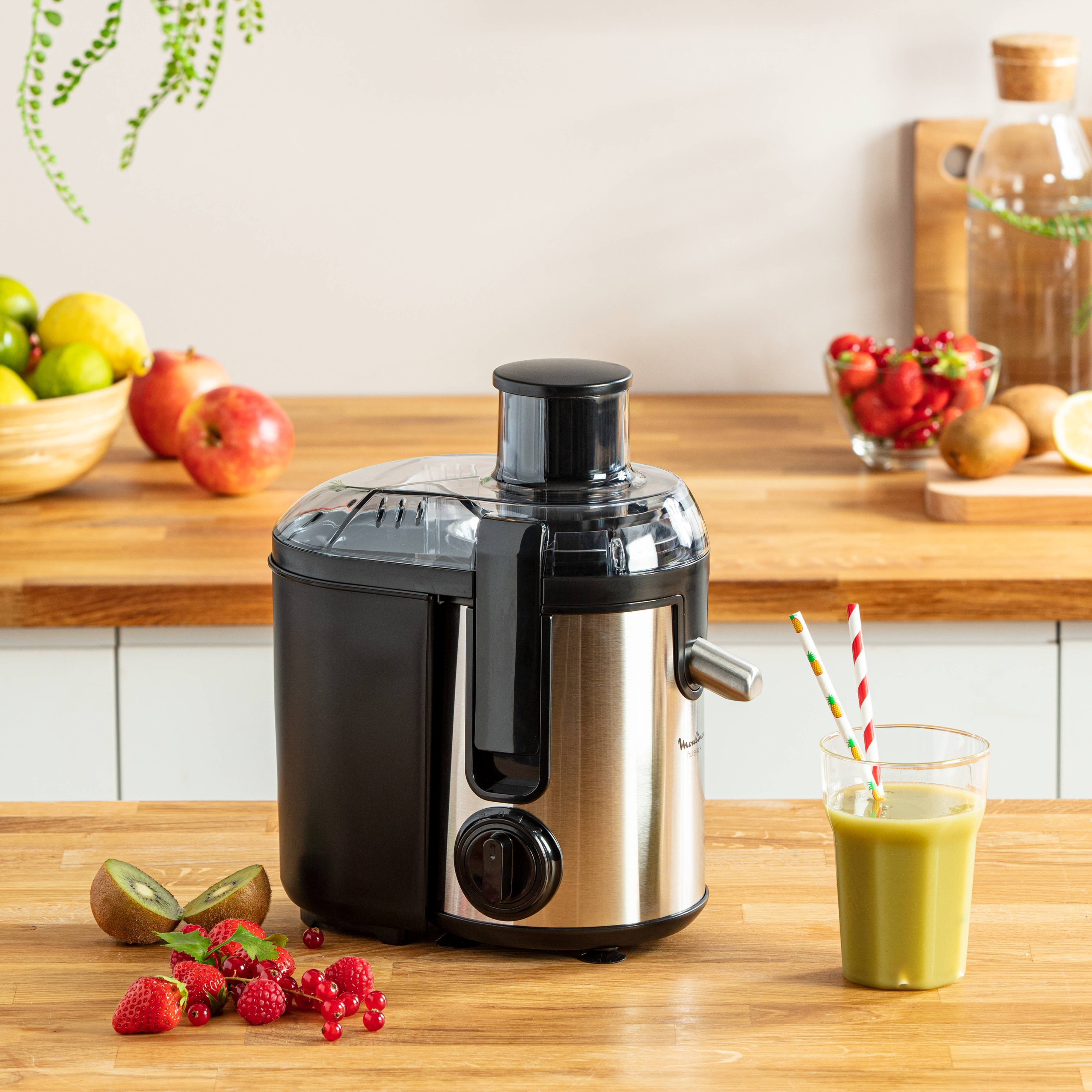Moulinex Соковитискач Frutelia+, 400Вт, макуха-0.95л, крапля-стоп, автоматичне викидання м'якоті, нерж. сталь, сіро-чорний