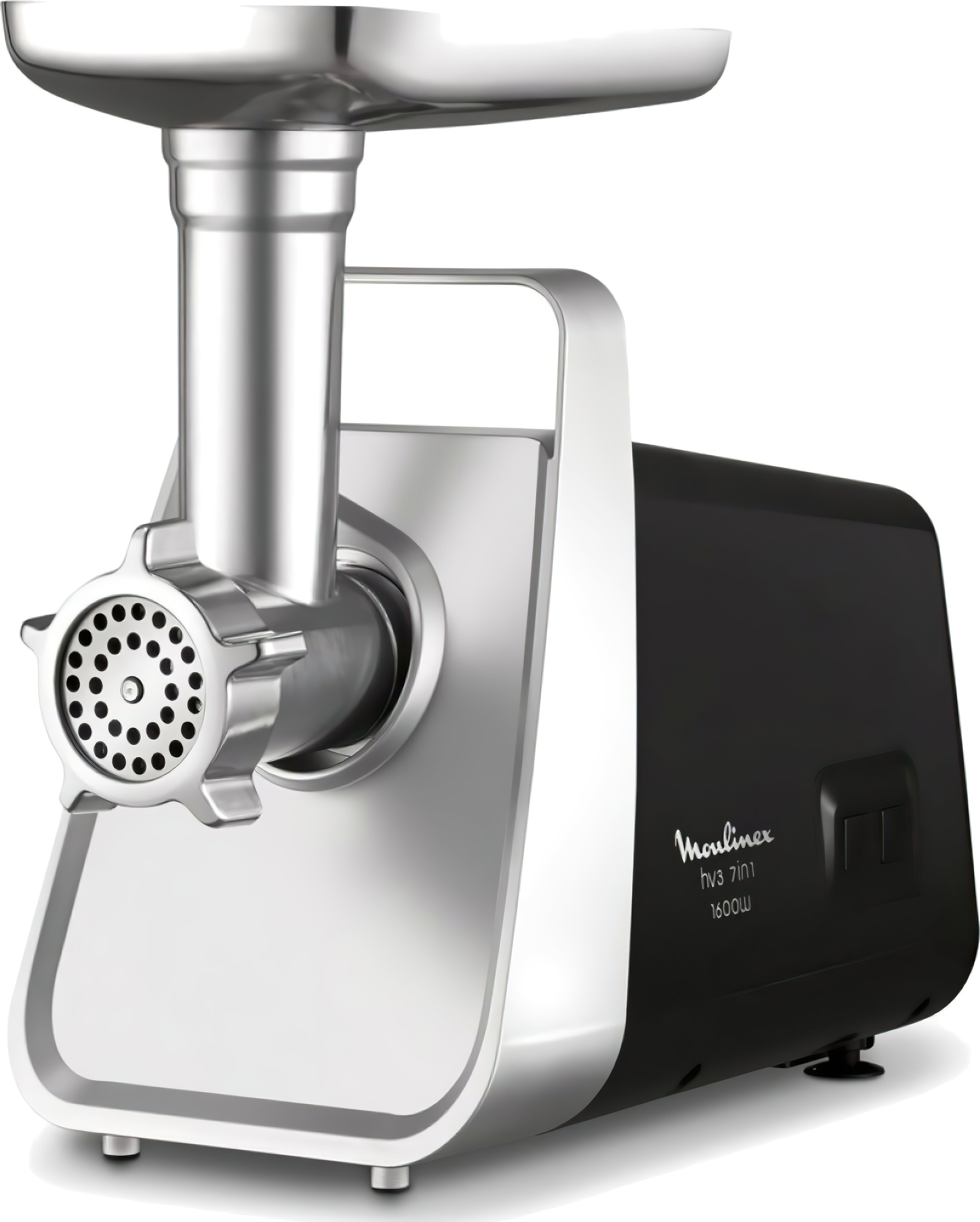 Moulinex М'ясорубка, 1600Вт, 1.9кг/хв, 3 решітки, насадка для ковбас, томатів, 3 терки, пластик/мет, чорно-срібний