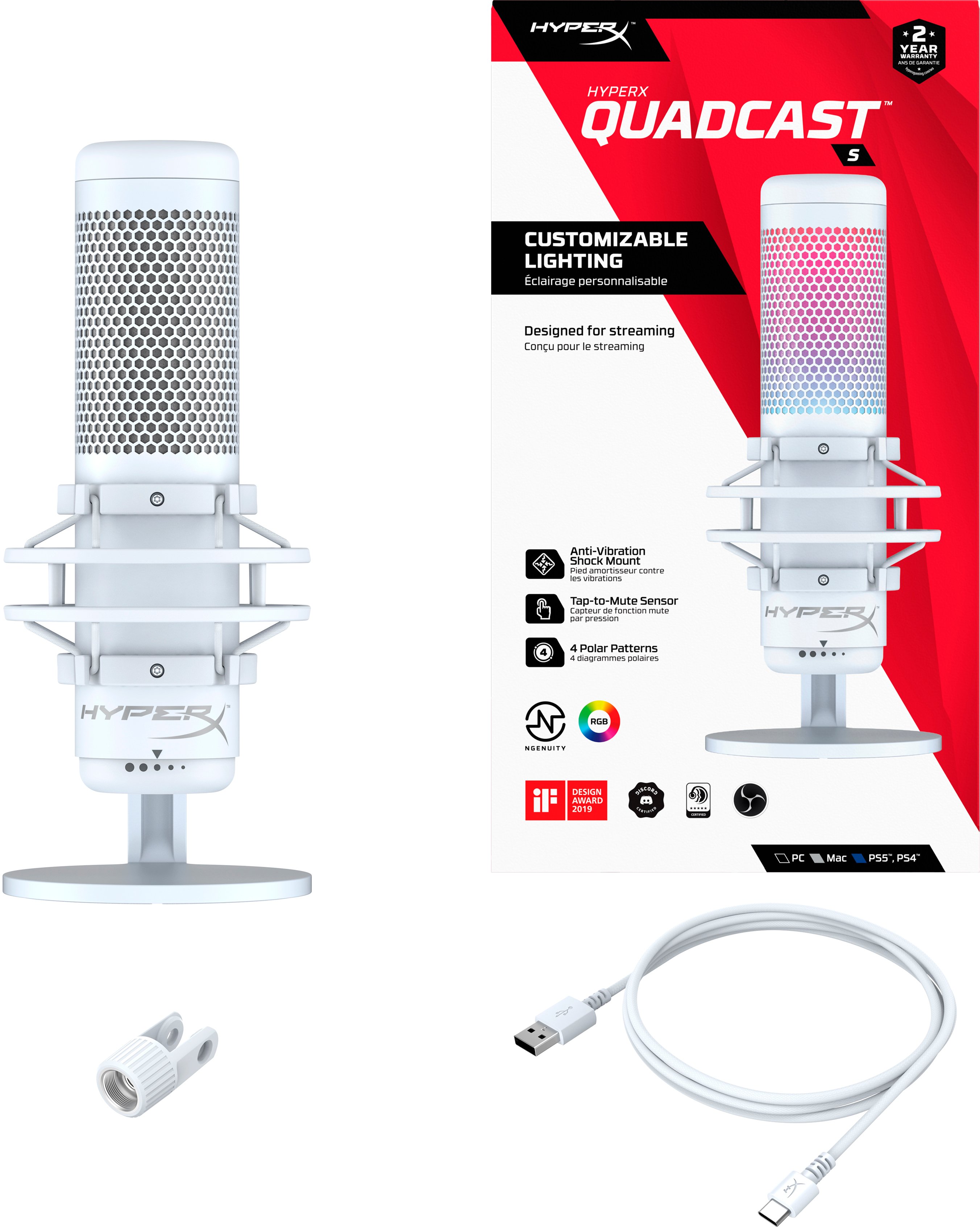 HyperX Мікрофон QuadCast S RGB, White/Grey
