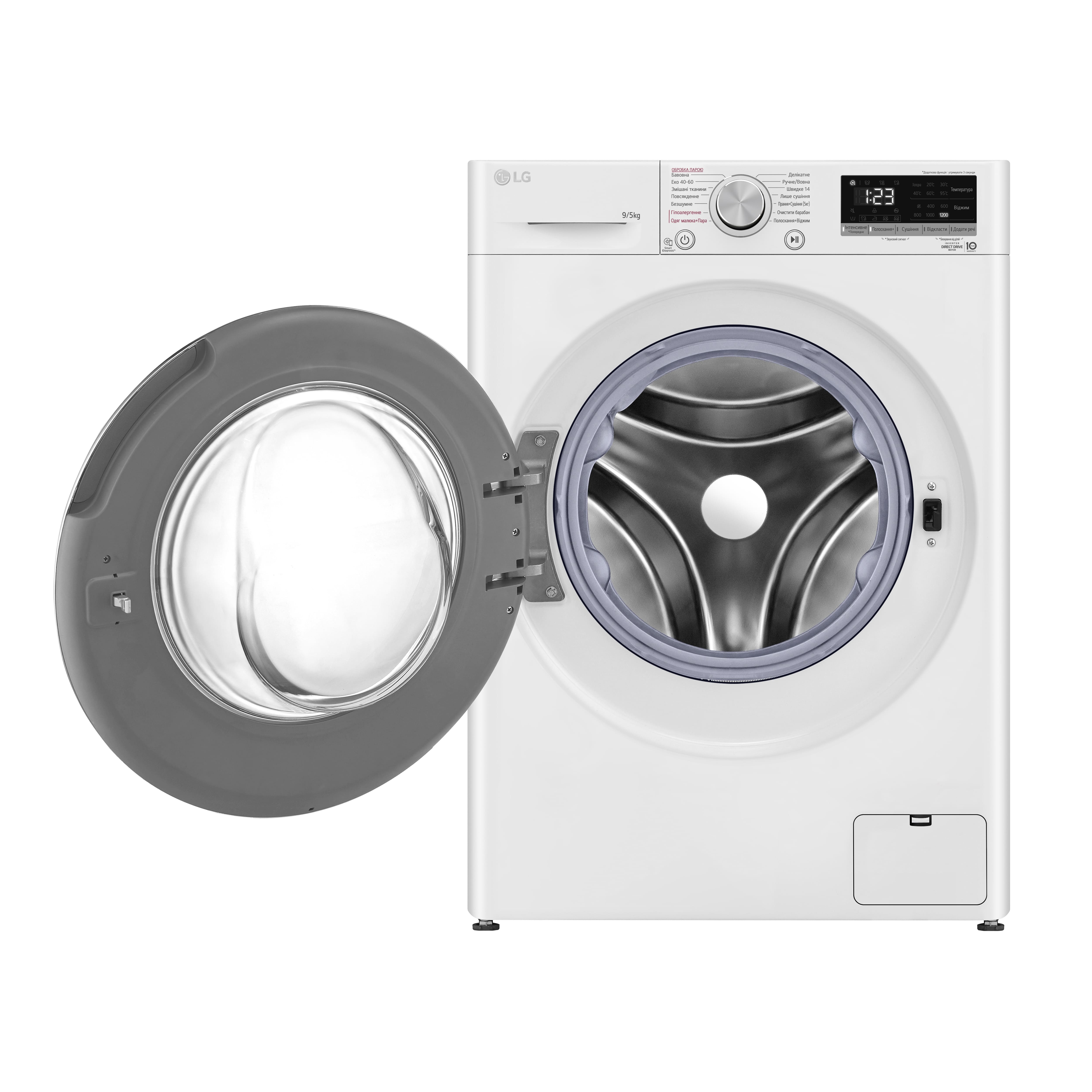 LG Прально-сушильна машина фронтальна, 9(5)кг, 1200, А, 48см, дисплей, пара, інвертор, білий