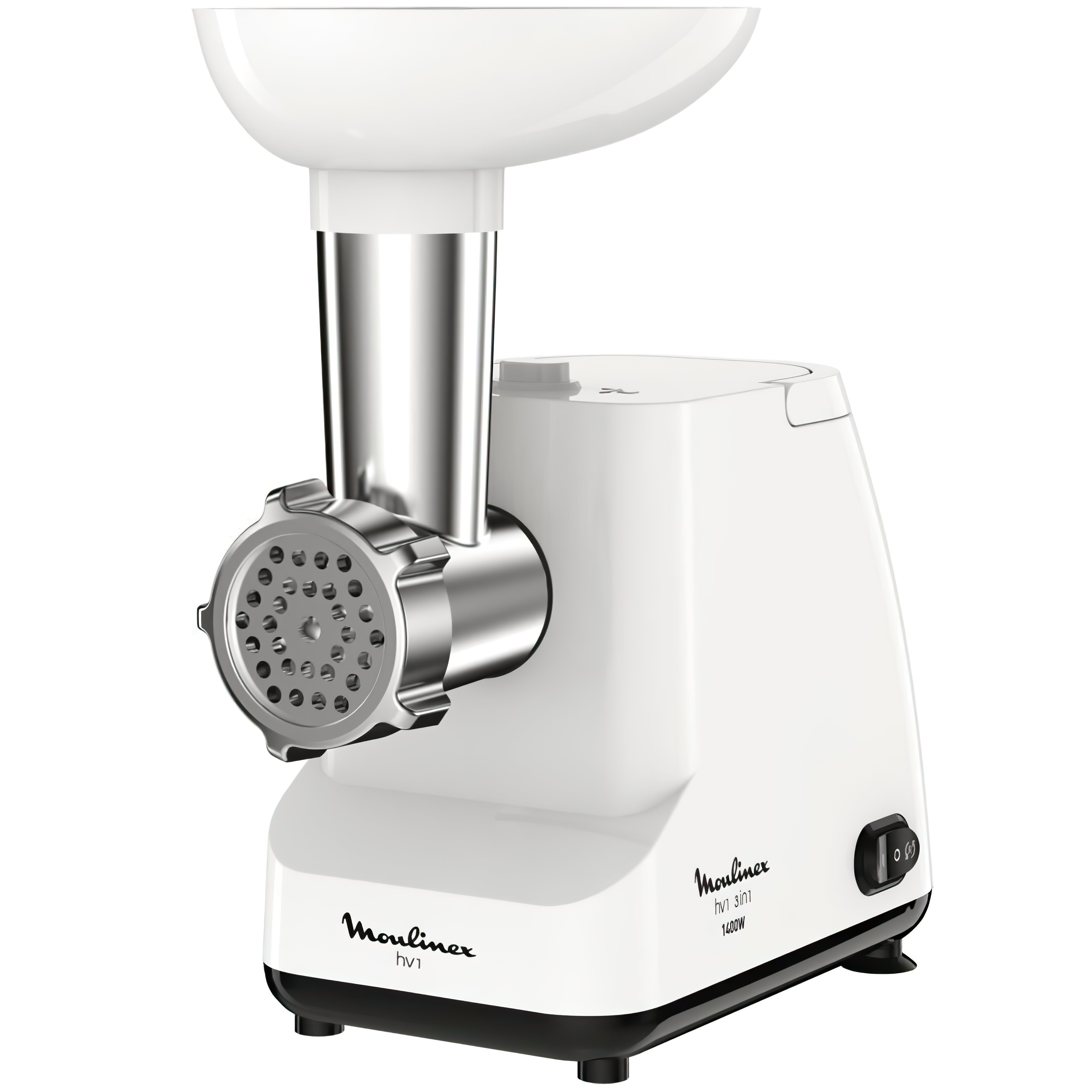 Moulinex М'ясорубка, 1400Вт, 1.7кг/хв, 2 решітки, насадка для ковбас, пластик, білий