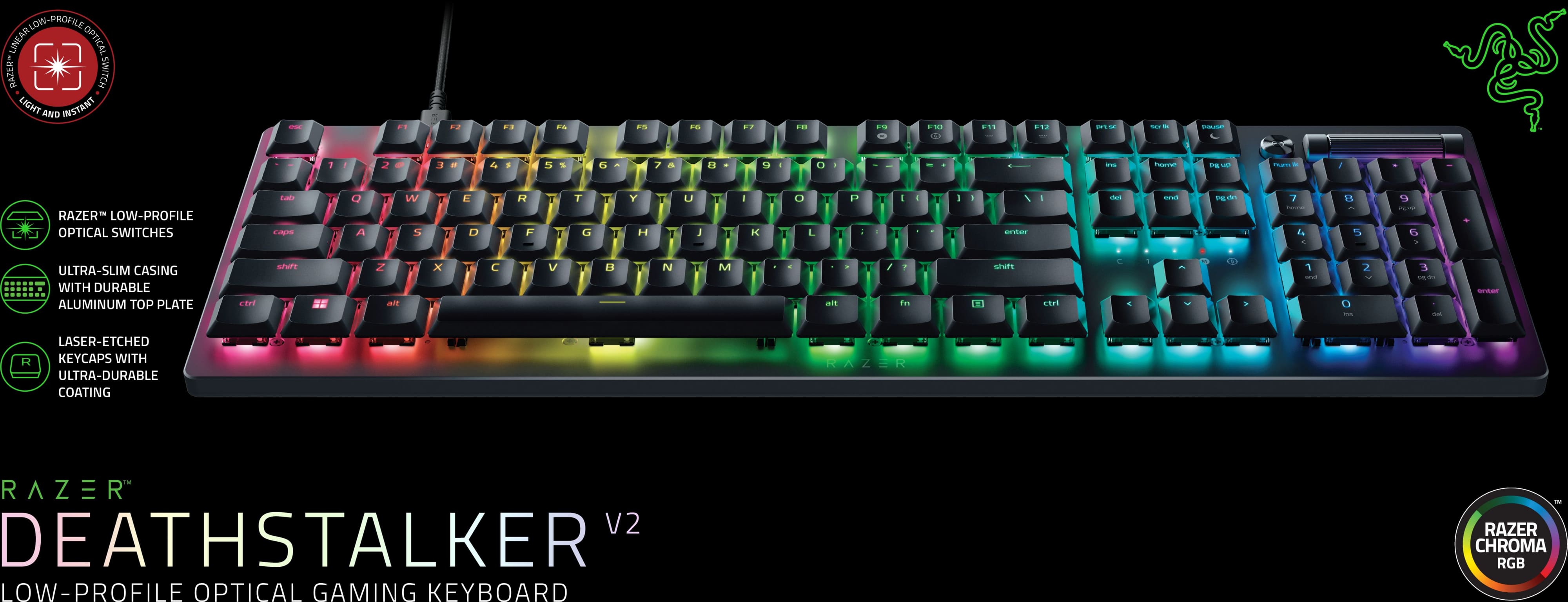 Razer Клавіатура механічна DeathStalker V2 105key, Red Switch, USB-A, EN/RU, RGB, чорний