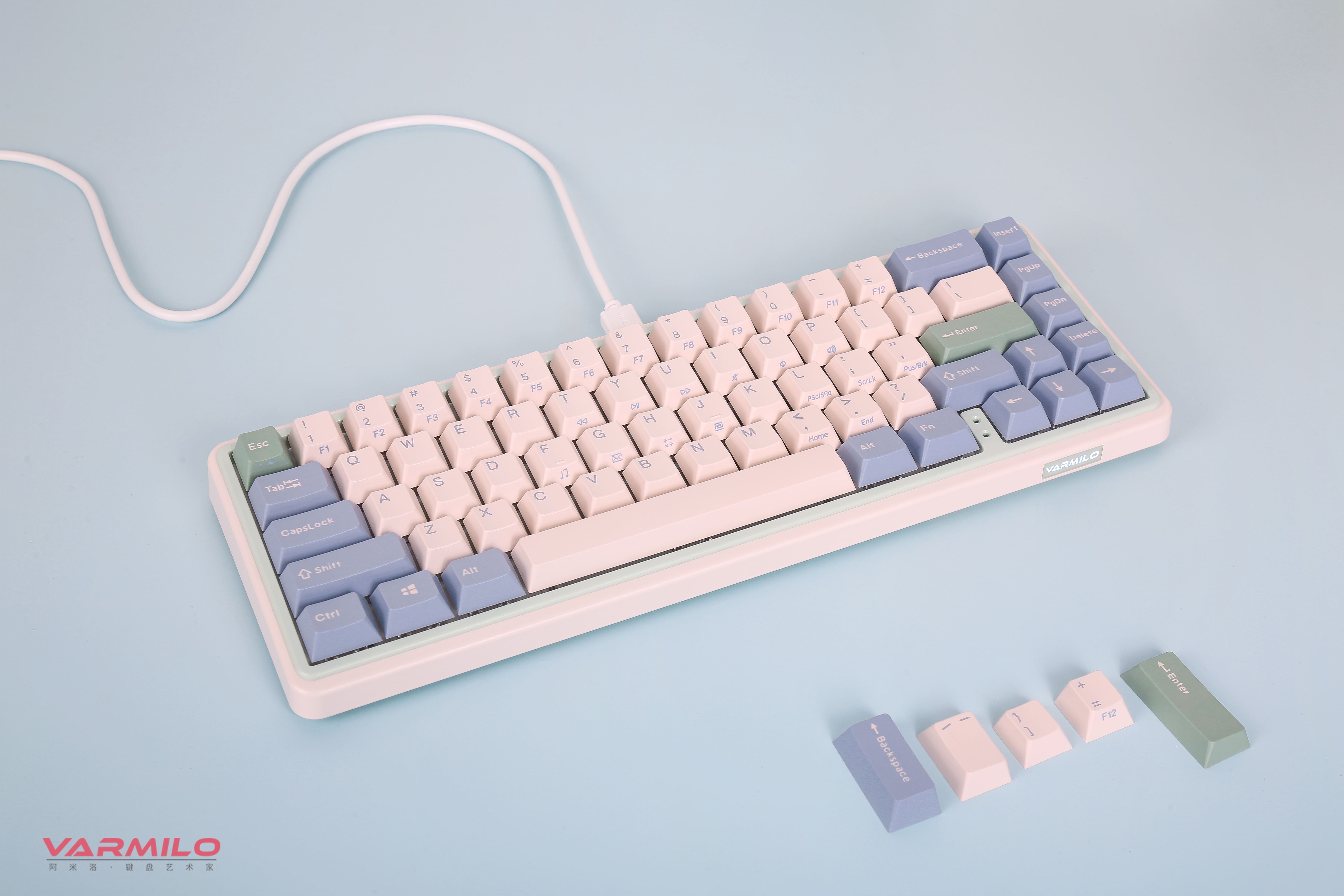 Varmilo Клавіатура механічна Minilo VXT67 Eucalyptus 67Key, Kailh Prestige Light , BT/WL/USB-A, Hot-Swap, EN, RGB, Рожевий
