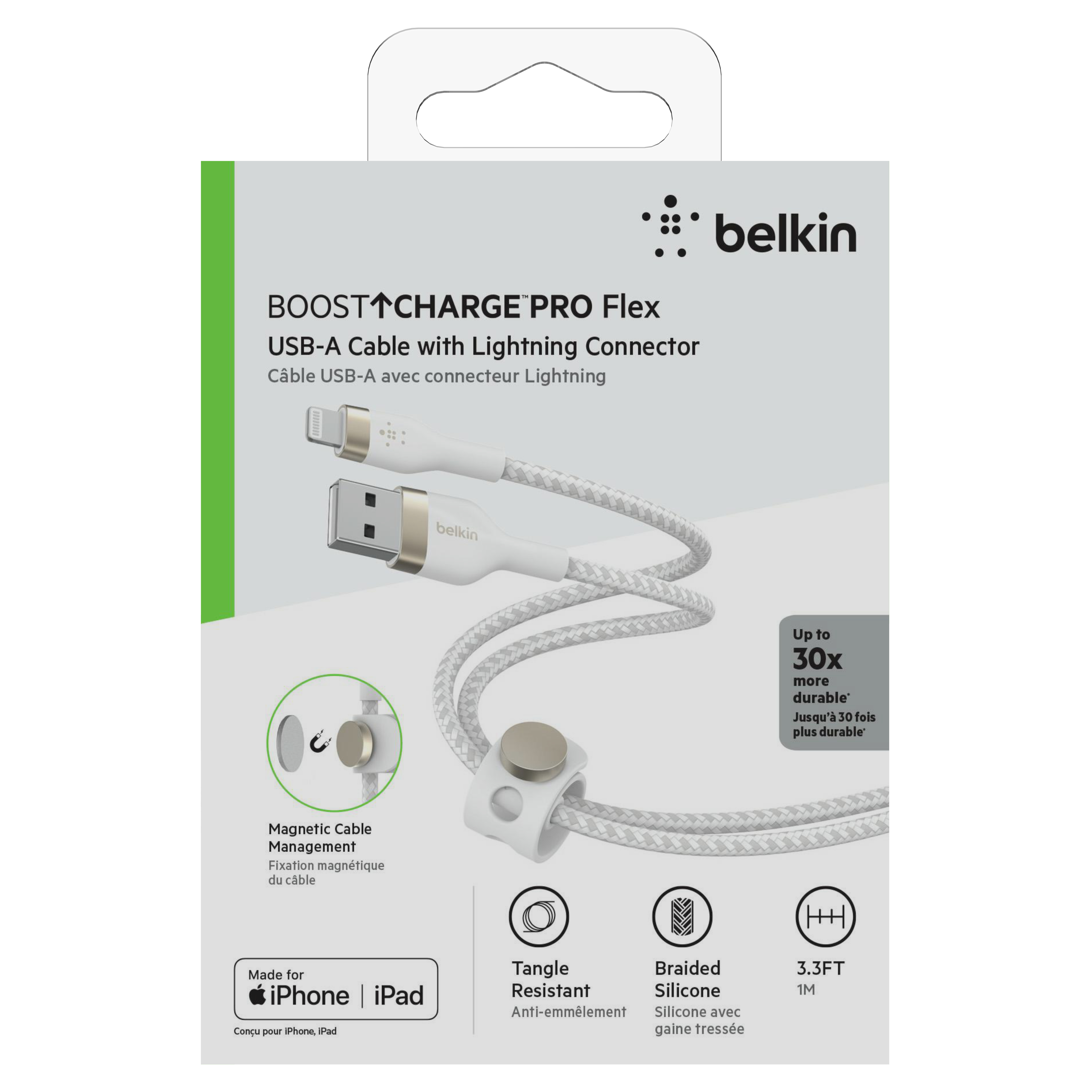 Belkin Кабель USB-A - Lightning плетений, силіконовий, з ремінцем на магніті, 1м, білий