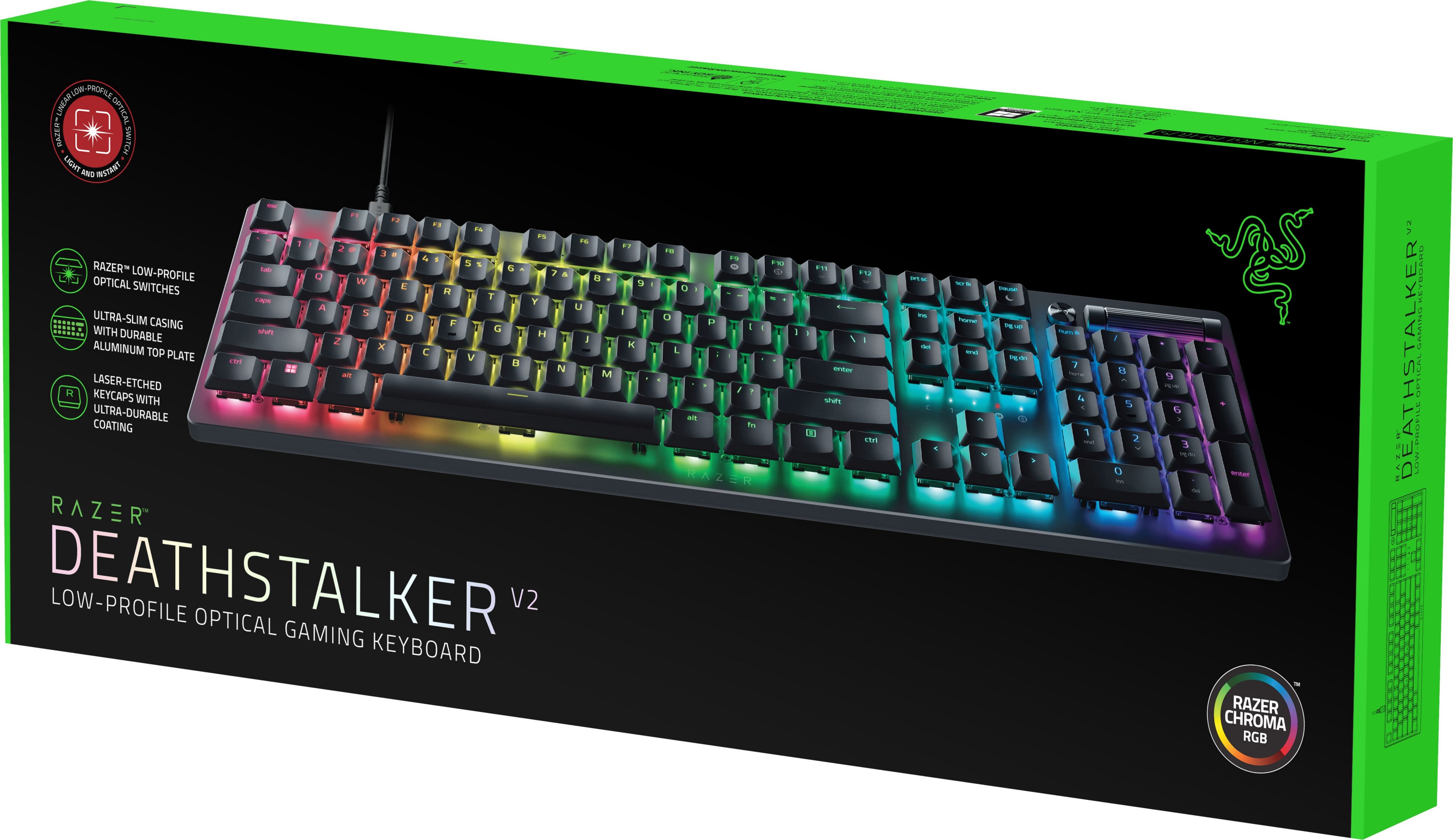 Razer Клавіатура механічна DeathStalker V2 105key, Red Switch, USB-A, EN/RU, RGB, чорний