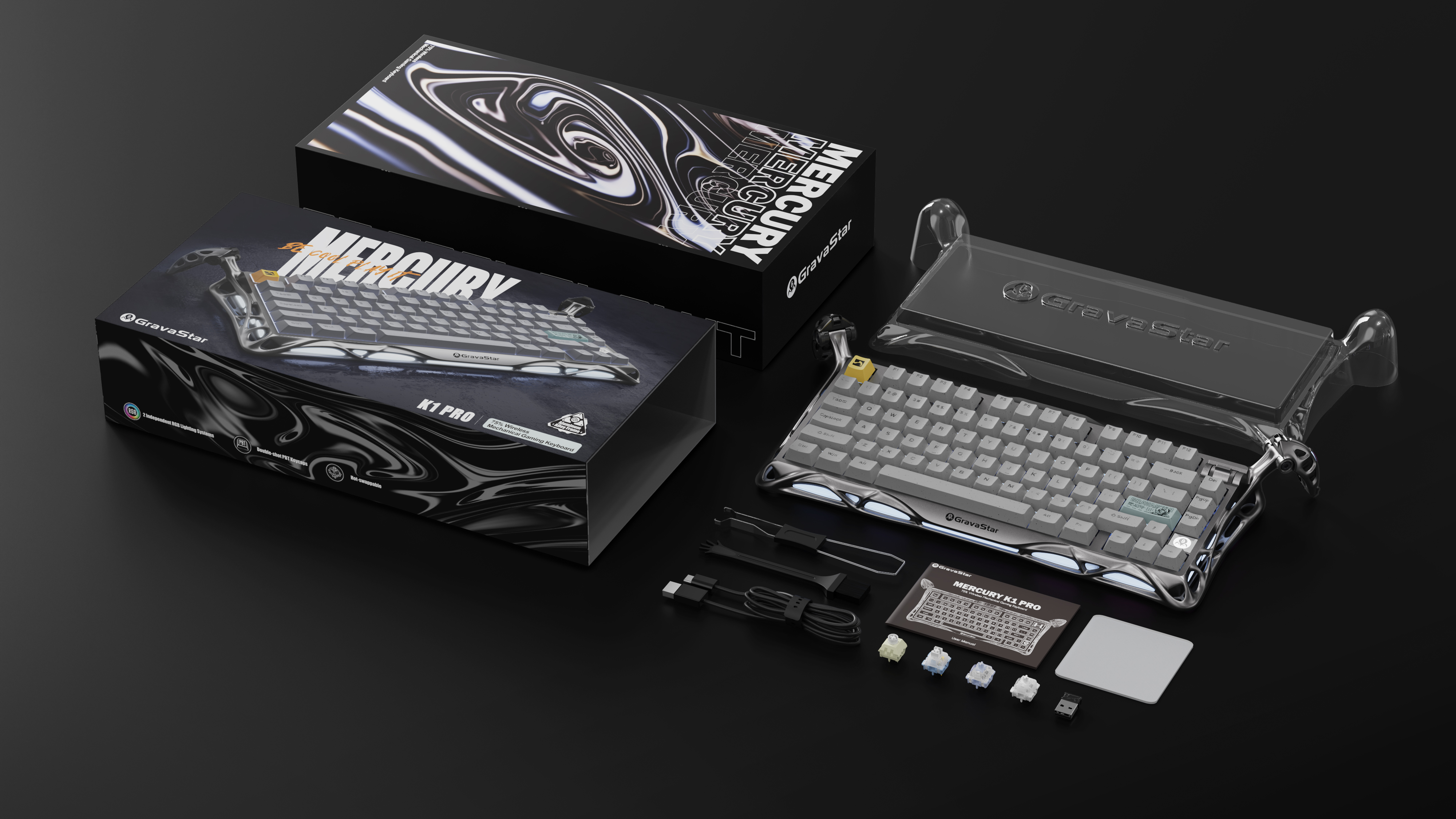 GravaStar Клавіатура механічна GravaStar Mercury K1 Pro 80keys, GravaStar x Kailh Speedy Mint, EN/UKR, BT/WL/USB, сірий