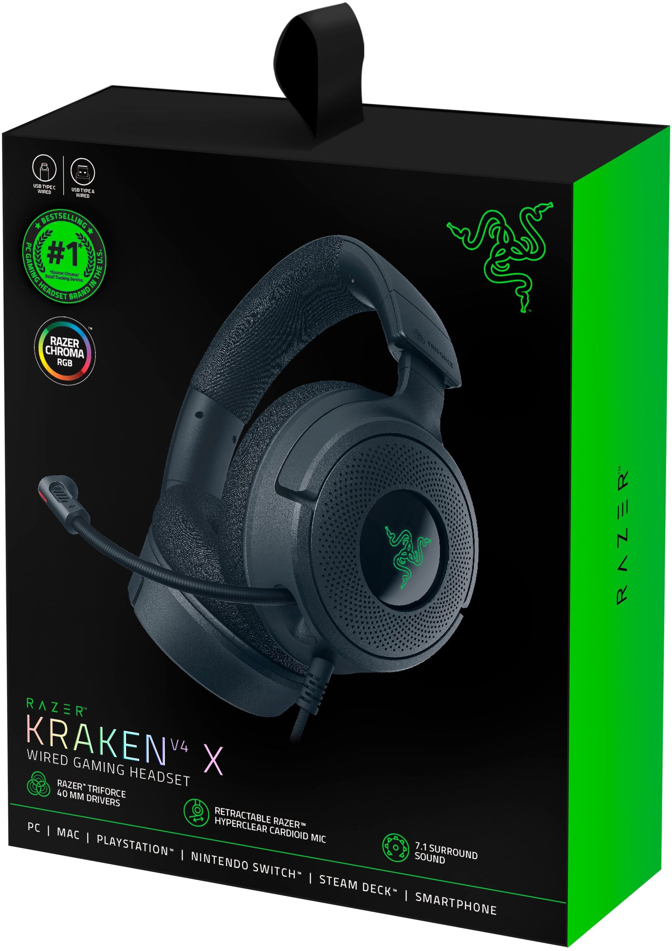 Razer Гарнітура ігрова Kraken V4 X, 7.1, USB-A, 1.8м, RGB, чорний