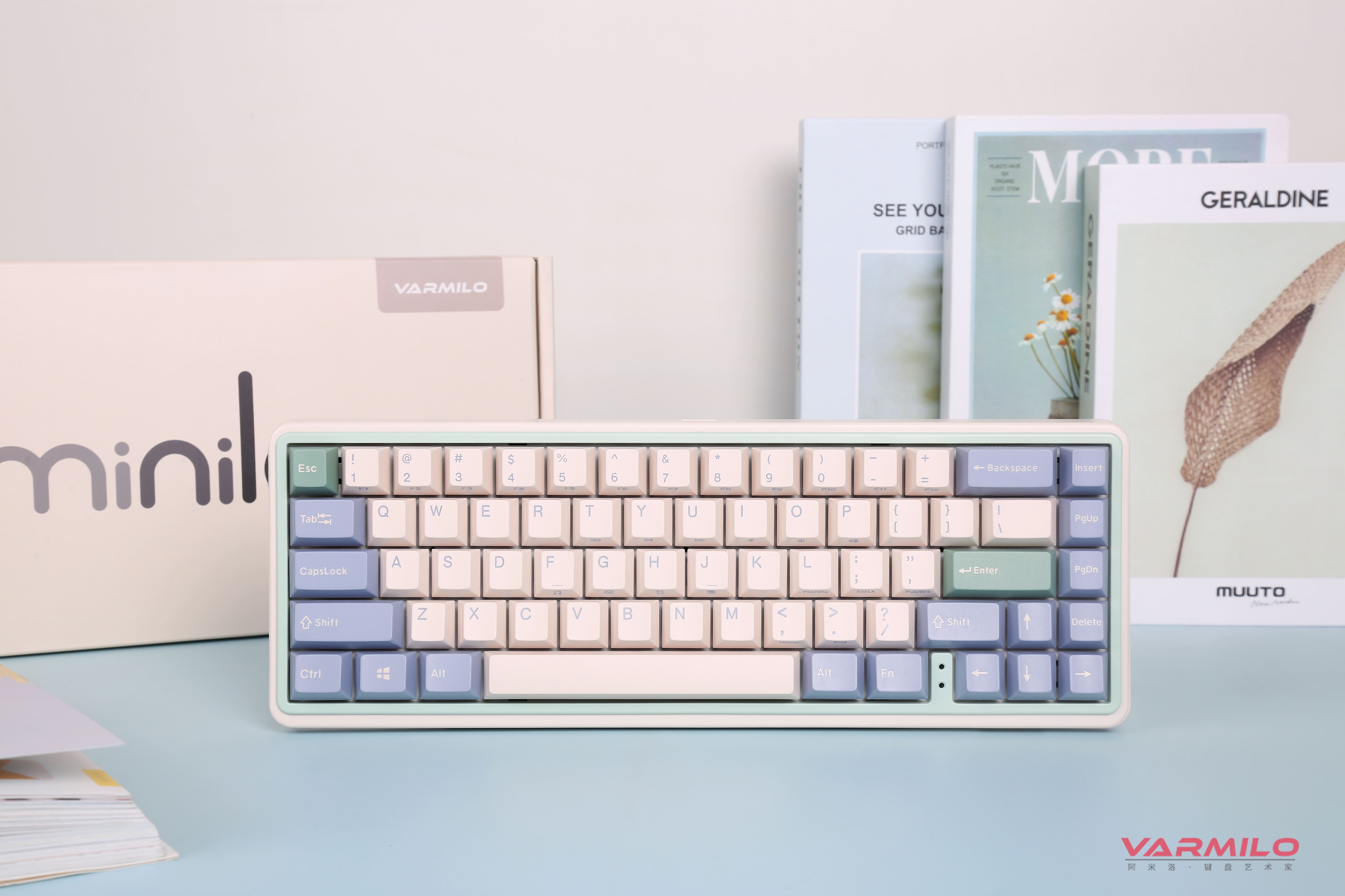 Varmilo Клавіатура механічна Minilo VXT67 Eucalyptus 67Key, Kailh Prestige Light , BT/WL/USB-A, Hot-Swap, EN, RGB, Рожевий