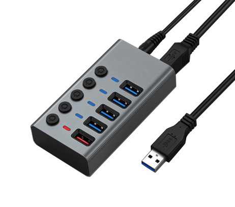Хаб USB Dynamode 5 портів USB 3.0 -4*USB3.0 передача даних +1*2,4А зарядка, БЖ 2.5А/12В, метал сірий (IL-DM-UH-P405-G)