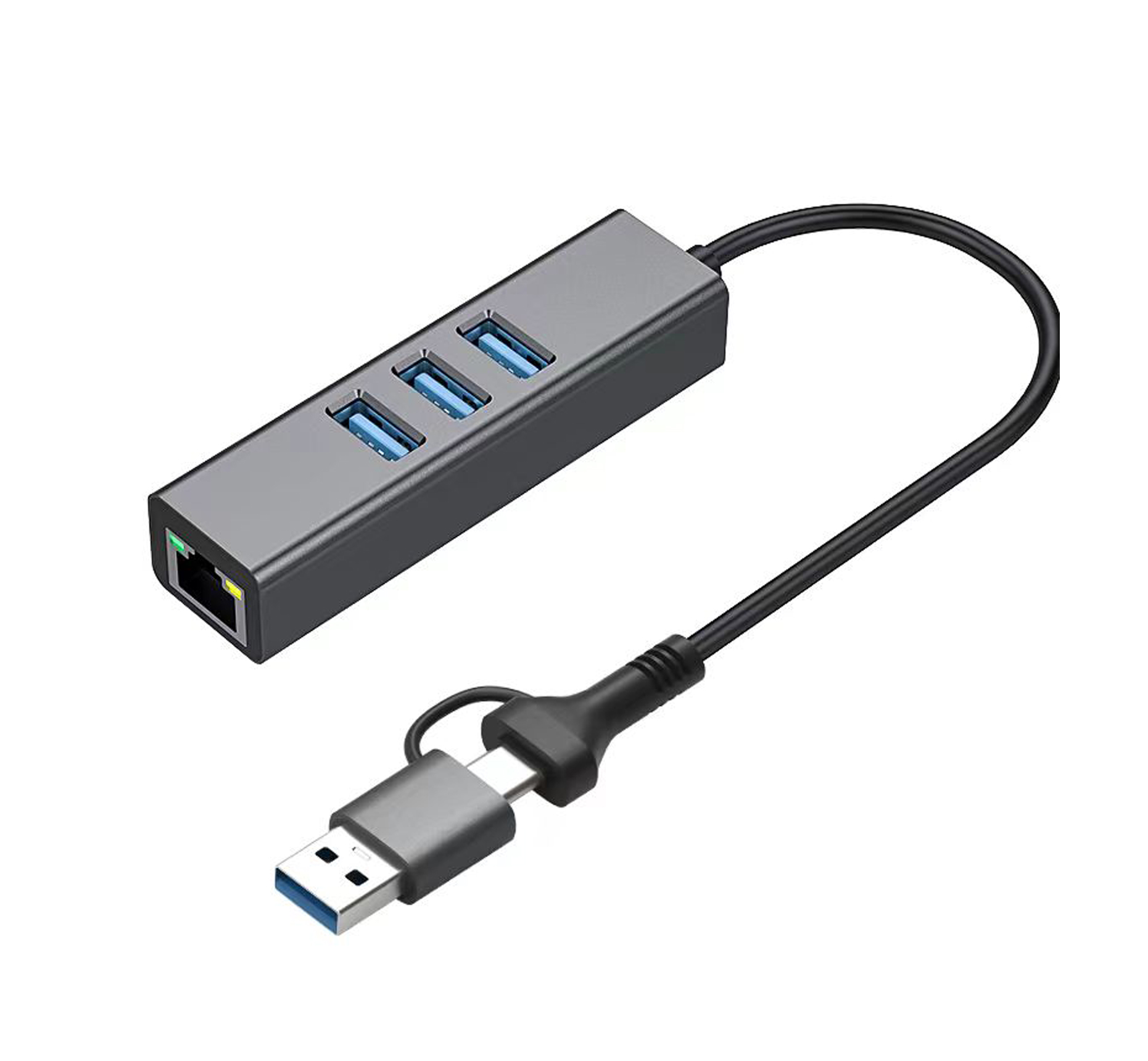 Адаптер Dynamode USB 3.0 Type-C/Type-A - RJ45 Gigabit Lan, 3*USB 3.0-порти, з каб.13 см, темно-сірий (IL-DM-AD-GLAN-U3)