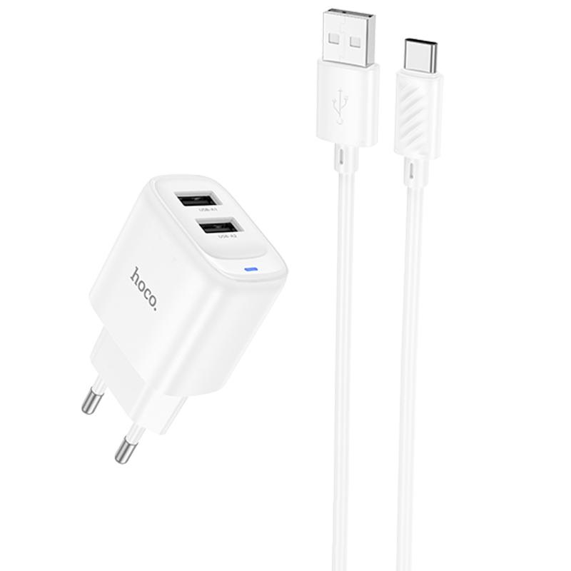 МЗП Hoco C141A Smart 2.1A (2USB-A) + кабель USB to Type-C White (IS-00000082724_2)
