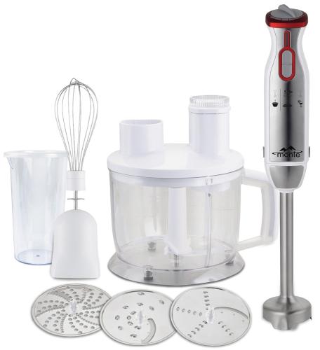 Блендер Monte MT-1910 W, White/Inox, 1000W, понурювальний, 2 швидкості з плавним регулюванням, мірна склянка 600 мл з кришкою, велика чаша подрібнювач 1750 мл, 3 диски, ніжка з нержавіючої сталі, вінчик (291102)