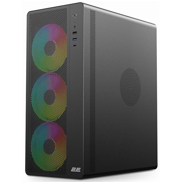 Корпус 2E Credo Plus V510B, Black, без БЖ, Mid Tower, для ATX / Micro ATX / Mini ITX, 1xType-C / 1xUSB 3.0 / 1xUSB 2.0, макс. CPU - 160 мм / VGA - 310 мм, 4x120 мм RGB `Rainbow`, бічна панель із загартованого скла (2E-V510B) (311629)