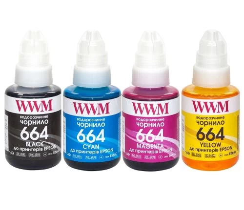 Комплект чорнил WWM Epson 664, L100/L132/L200/L300/L350/L550/L1300/L3050/L3060/L3070, B/C/M/Y, 4x140 мл, водорозчинні (E664SET4) (250251)