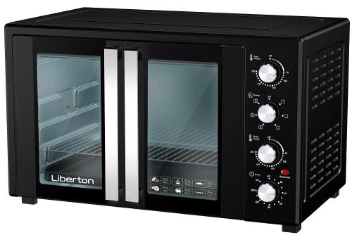 Електродуховка Liberton LEO-600 Black, 1900W, 60л, подвійні розпашні дверцята, 6 режімів нагріву, конвекція, підсвітка, 70-250 °C, механічне керування, таймер, рожен, решітка, деко, лоток для крихт та жиру, тримач для дека, терморукавиця (280239)