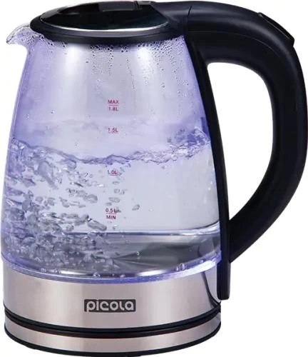Електрочайник Picola PEK-04, Black, 1500W, 1.8л, скло+нерж.сталь, дисковий, індикатор рівня води, захист від перегріву, відключення за відсутності води (288724)