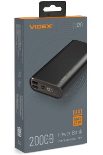 Універсальна мобільна батарея 20000 mAh, Videx VPB-320, Black, 22.5 Вт, 1xType-C (PD3.0) / 2xUSB (QC3.0), цифровий LED-дисплей (VPB-320-B) (299360)
