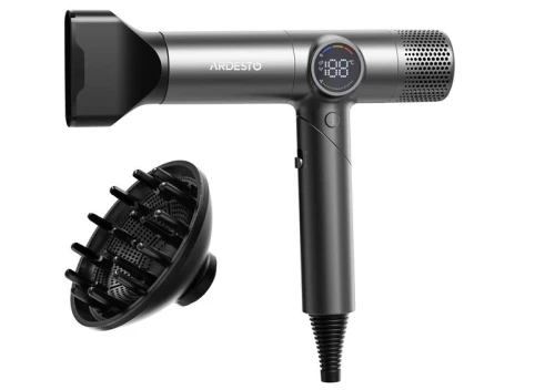 Фен Ardesto HD-Y1000ST, Silver, 1600W, 2 швидкості, 4 температурні режими, концентратор, дифузор, захист від перегріву, кольоровий LED дисплей, складана ручка (309990)