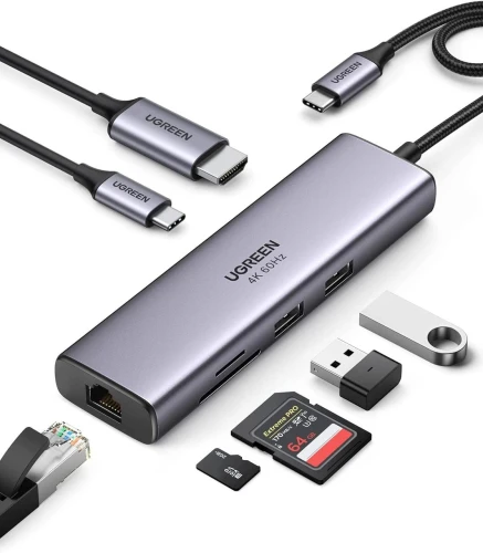 Хаб USB Ugreen CM512, Grey, Type-C 3.1 - 1xType-C (100 Вт) / 2xUSB 3.0 / HDMI 4K / GLan / microSD / SD, кабель 15 см, алюмінієвий корпус (90568) (312758)