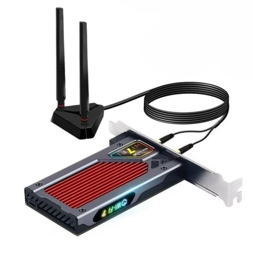 Мережева карта PCI-E x1, Fenvi FV-BE8800RGB, WiFi 7 (до 8800 Mbps), Bluetooth 5.4, Intel BE200, RGB підсвічування, радіатор, 2 зовнішні антени, підставка (!!! працює лише з процесорами Intel !!!) (309437)