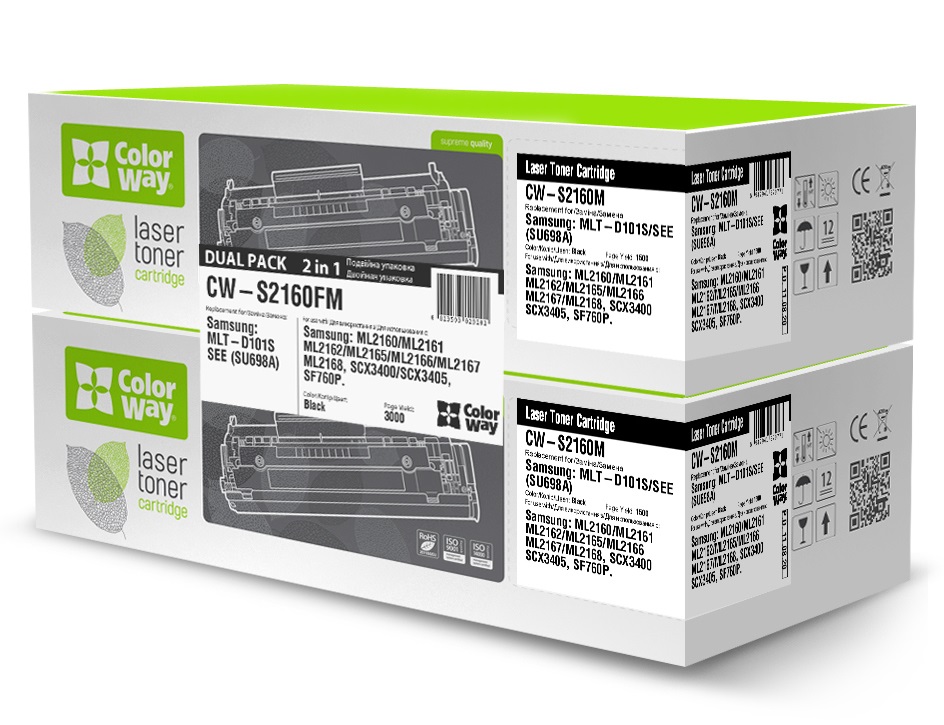 Картридж Samsung MLT-D101S, Black, ML-2160/2165, SCX-3400/3405, 1500 стор, ColorWay, Dual Pack (CW-S2160FM) (146158)