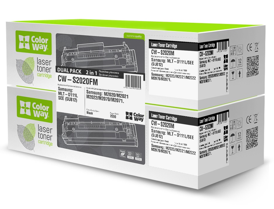 Картридж Samsung MLT-D111S, Black, SL-M2020/M2070, 1000 стор, ColorWay, Dual Pack (CW-S2020FM) (146160)