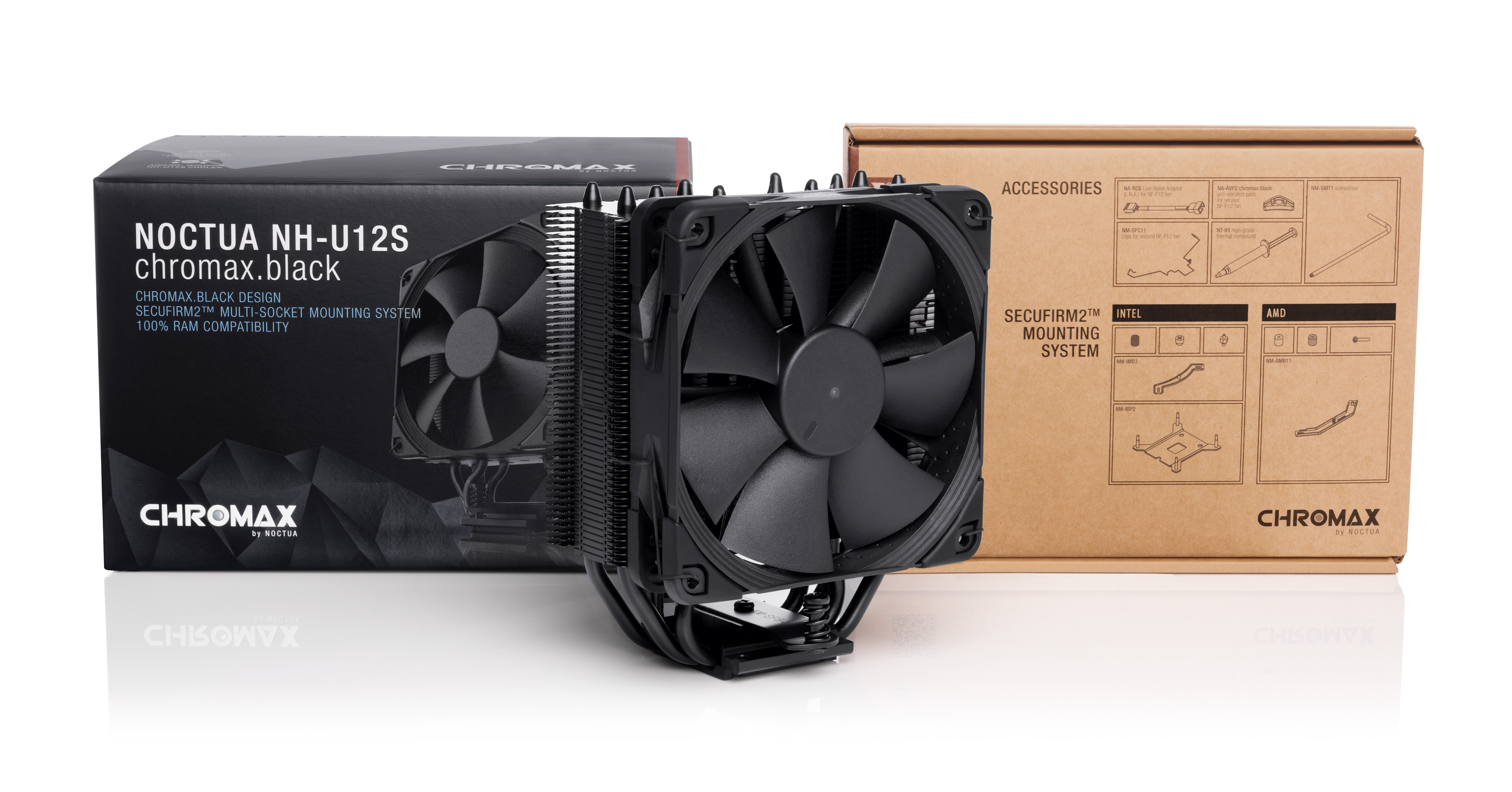 Кулер для процесора Noctua NH-U12S chromax.black, алюміній/мідь, 1x120 мм, для Intel 115x/1200/1700/2011/2066, AMD AMx/FMx, до 130 Вт