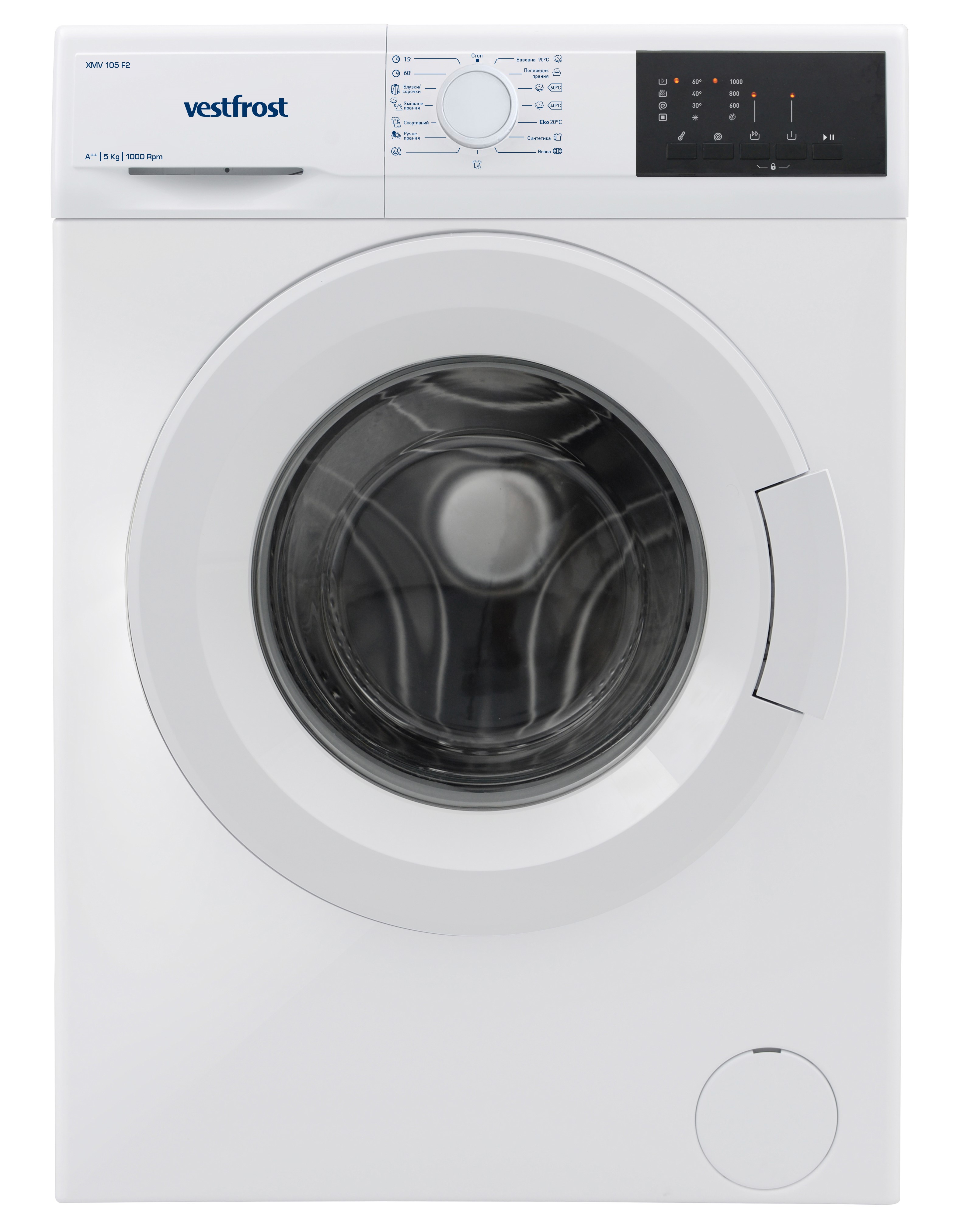 Пральна машина Vestfrost XMV 105 F2, White, 5кг, фронтальна, 15 програм, дисплей, 1000 об/хв, клас енергоспоживання A+, 85x60x42 см