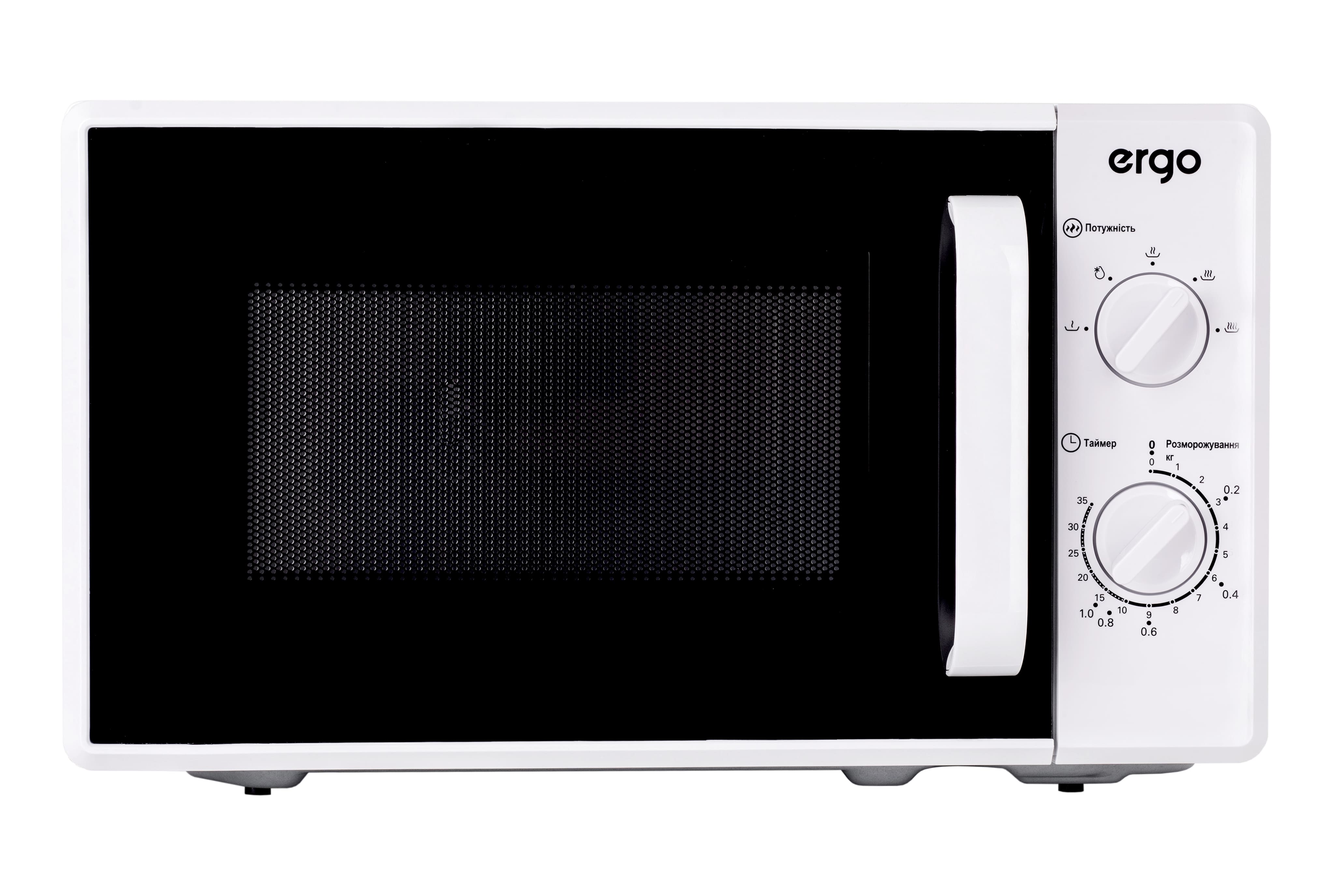 Мікрохвильова піч Ergo EM-2070, White, 700W, 20 л, звичайна (соло), 5 рівнів потужності, поворотні пермикачі