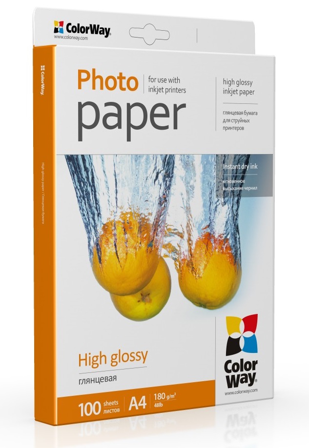 Фотопапір ColorWay, глянсовий, A4, 180 г/м², 100 арк (PG180100A4) (99731)