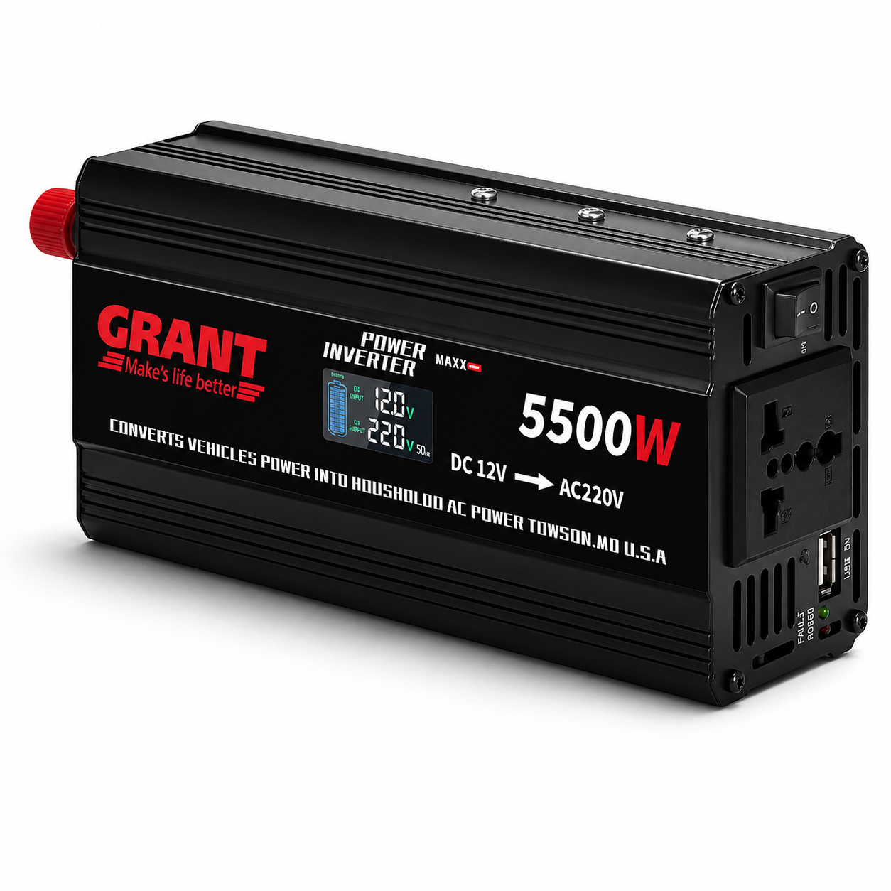Автомобільний інвертор із LCD-екраном GRANT Power Maxx 5500W (12V → 220V) (OD-G10264)