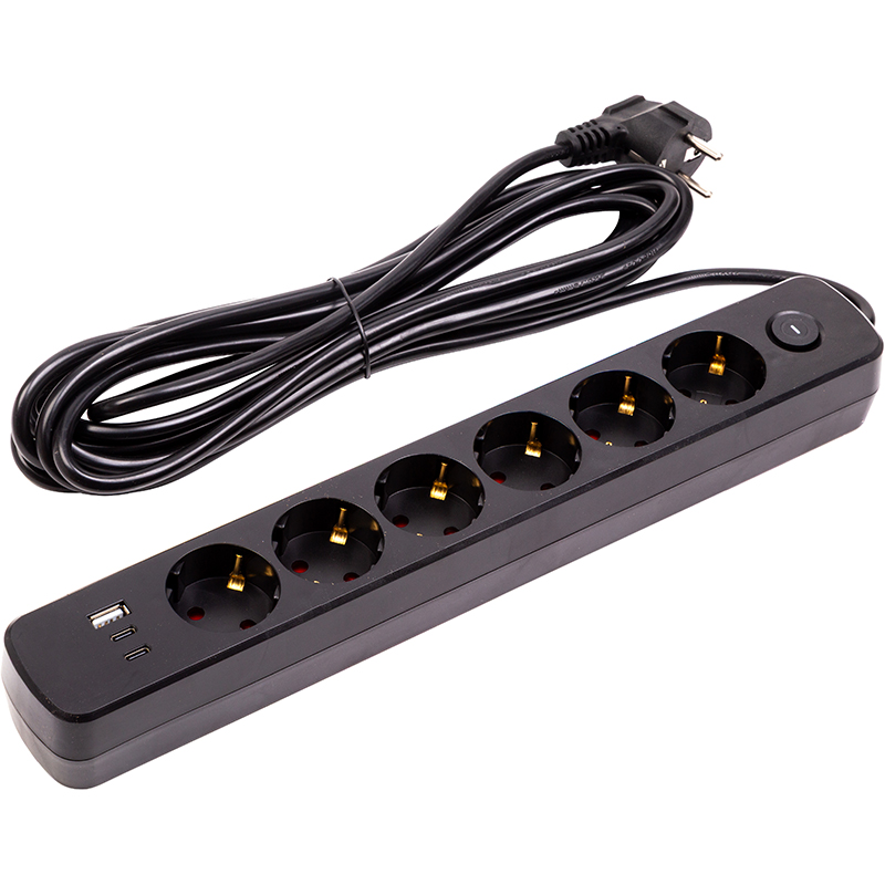 Мережевий фільтр PowerPlant 5м, 3x0.75мм2, 6 розеток, 1xUSB, 2xType-C, євро, 100% мідь (YS-N6086/5c) (EX610679)