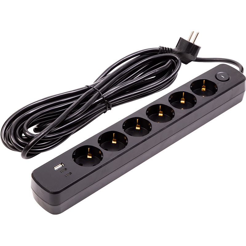 Мережевий фільтр PowerPlant 7м, 3x0.75мм2, 6 розеток, 1xUSB, 2xType-C, євро, 100% мідь (YS-N6086/7c) (EX610686)