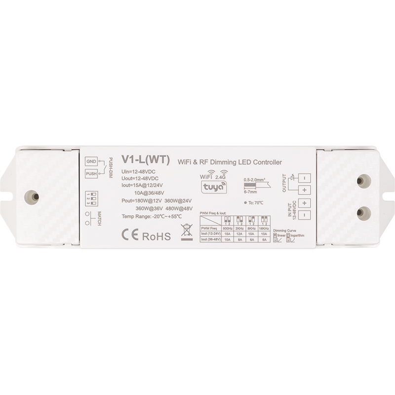 V1-L(WT) контролер для світлодіодних стрічок, 12-48V, 1x15A, Push-Dimm, Tuya, Wi-Fi (HS084646)