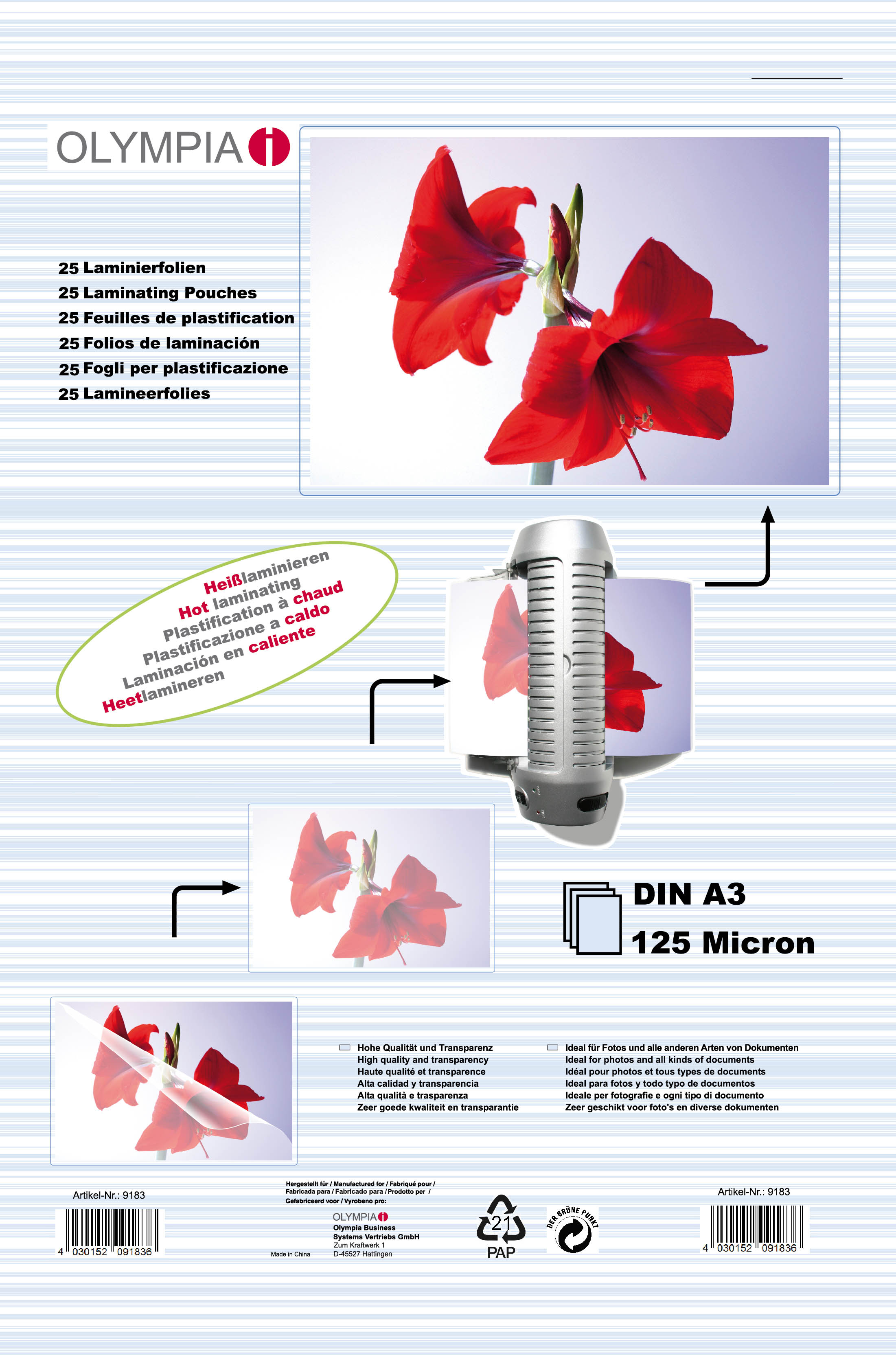 Плівка для ламінування Olympia Laminating Pouches, A3, 125 Mic, 25 pcs (913548)