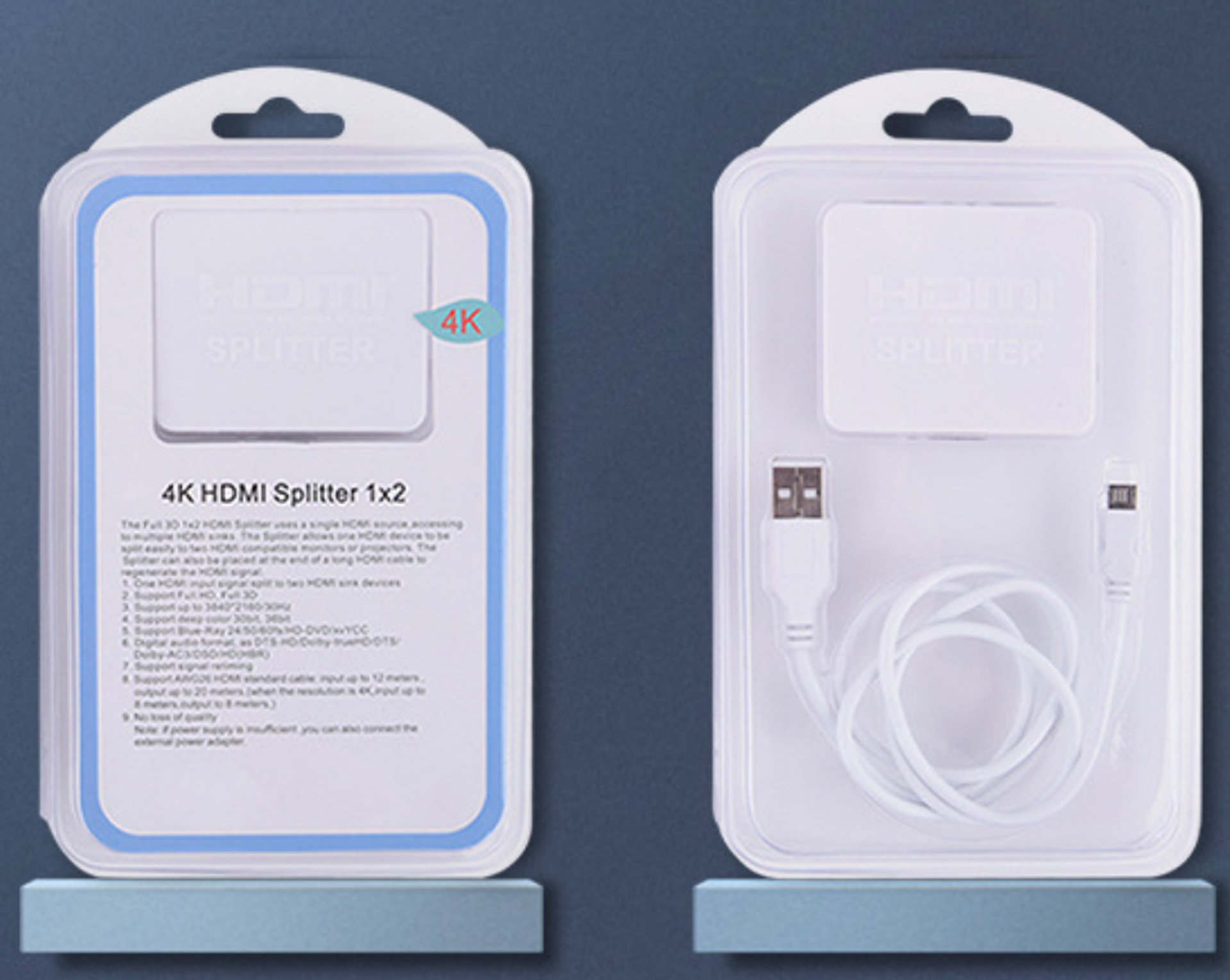 Відеорозгалужувач 2xHDMI, Splitter HDMI на 2 монітори, активний, v1.4a, 3D, 4K, білий (237485)