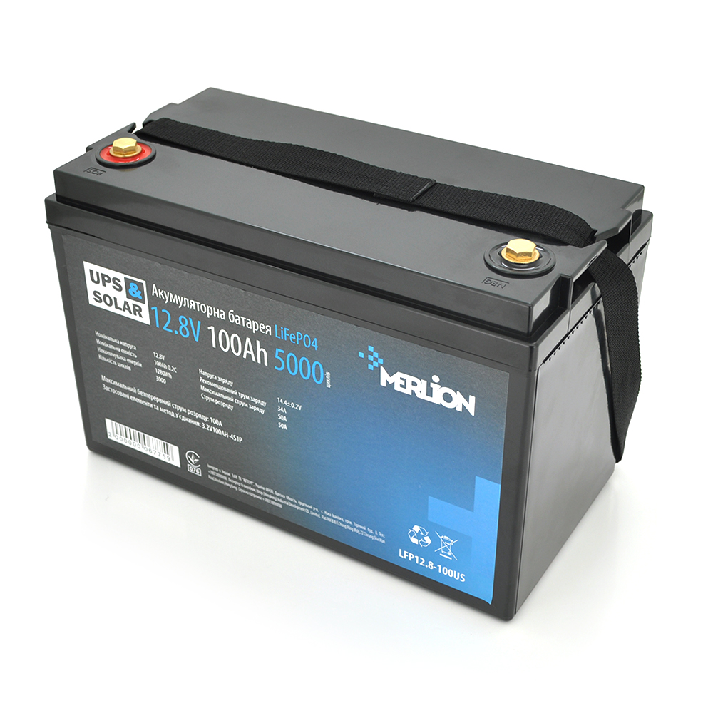 Літій-залізо-фосфатний акумулятор Merlion LiFePO4 12.8V 100AH,(330x173x220), до 5000 циклів (Y-6775)