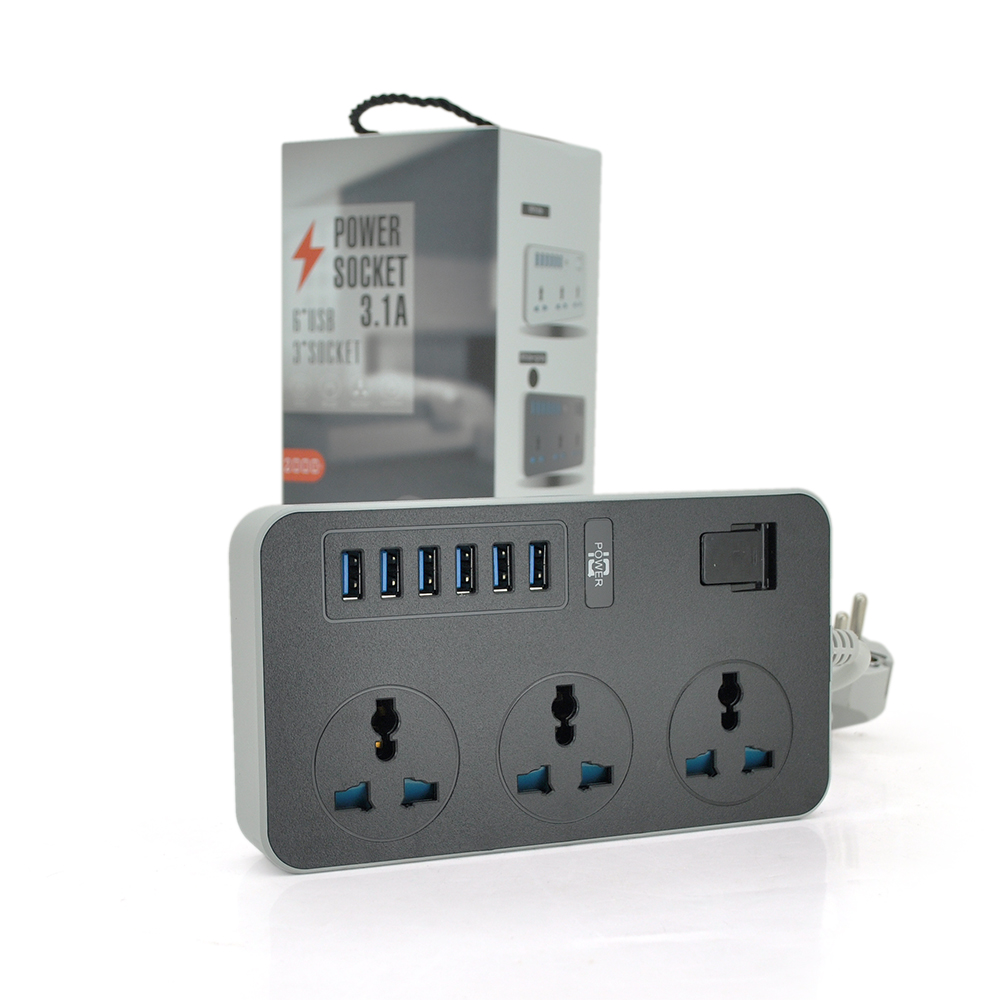 Мережевий фільтр ТВ-Т09, 3 розетки + 6 USB, 2 м, перетин 3х0,75мм, 3000W, Black-grey, Box (Y-8969)