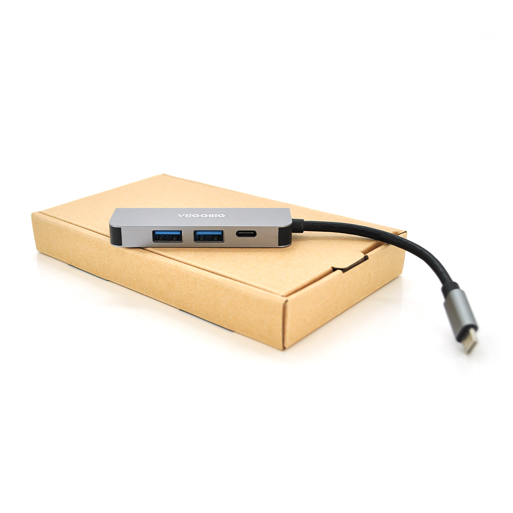 Хаб-конвертор VEGGIEG TC04 Type-C (тато) на Type-C (мама) + USB3.0 * 2 (мама) + HDMI (мама), 10 см, Silver, Box (Y-11660)