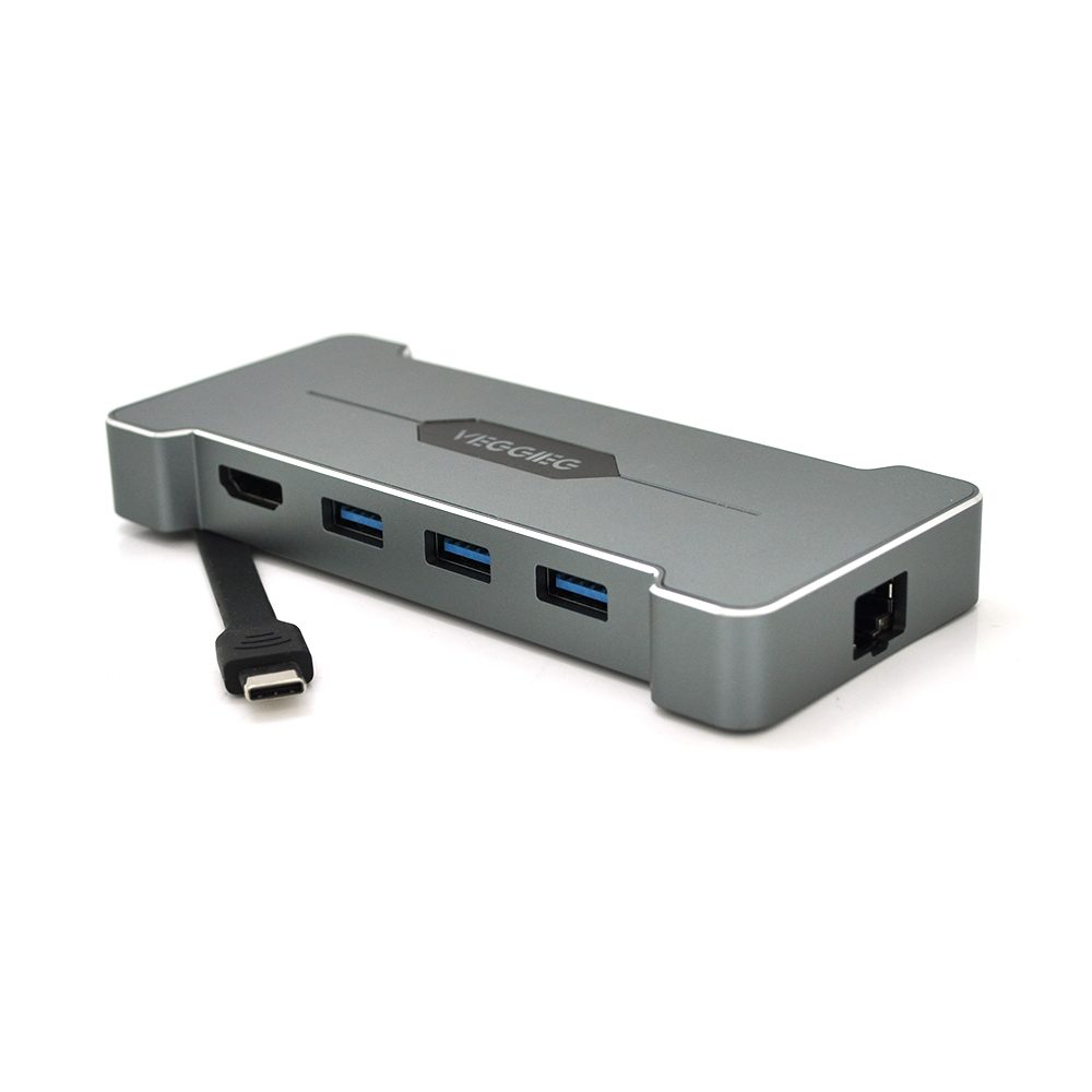 Хаб-конвертор VEGGIEG TC06 Type-C (тато) на Type-C (мама) + USB3.0 * 3 (мама) + HDMI (мама), Silver, Box (Y-19908)