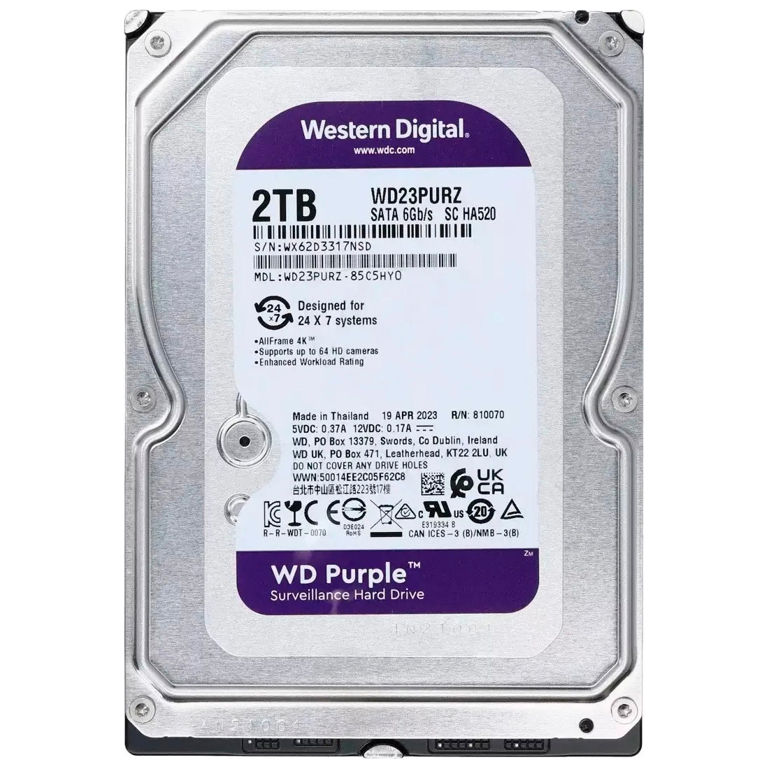 Жорсткий диск Western Digital Purple 2TB 64MB 5400rpm WD23PURZ 3.5 SATA III (Y-21590)