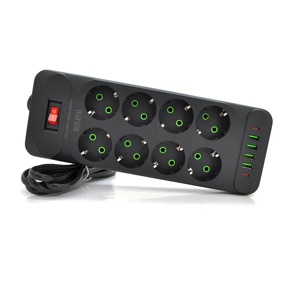 Мережевий фільтр F34U, 8 розеток EU + 4 USB + 2 PD, кнопка включення з індикатором, 2 м, 3х0,75 мм, 2500W, Black, Box (Y-31703)