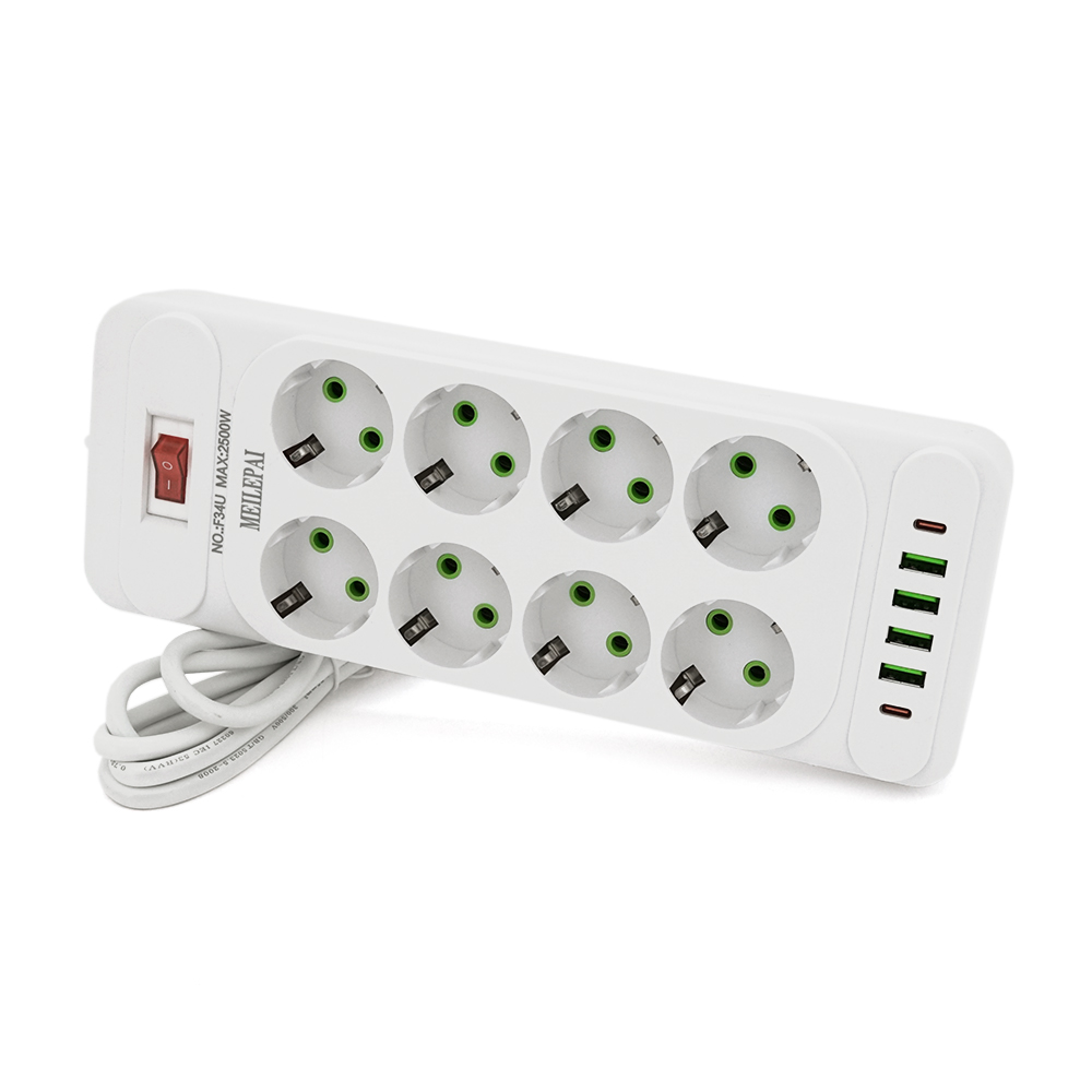 Мережевий фільтр F34U, 8 розеток EU + 4 USB + 2 PD, кнопка включення з індикатором, 2 м, 3х0,75 мм, 2500W, White, Box (Y-31704)