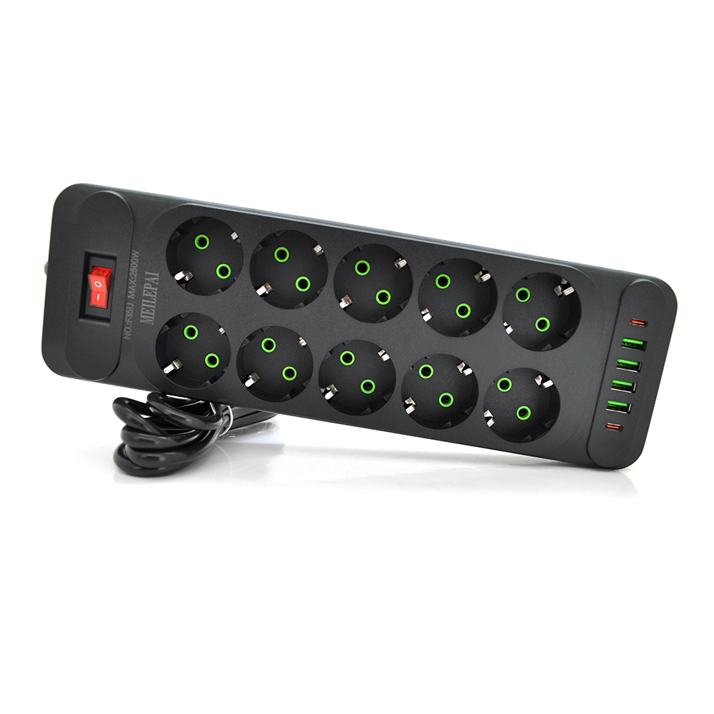 Мережевий фільтр F35U, 10 розеток EU + 4 USB + 2 PD, кнопка включення з індикатором, 2 м, 3х0,75 мм, 2500W, Black, Box (Y-31705)
