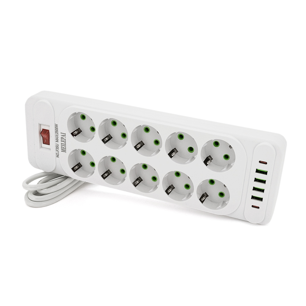Мережевий фільтр F35U, 10 розеток EU + 4 USB + 2 PD, кнопка включення з індикатором, 2 м, 3х0,75 мм, 2500W, White, Box (Y-31706)