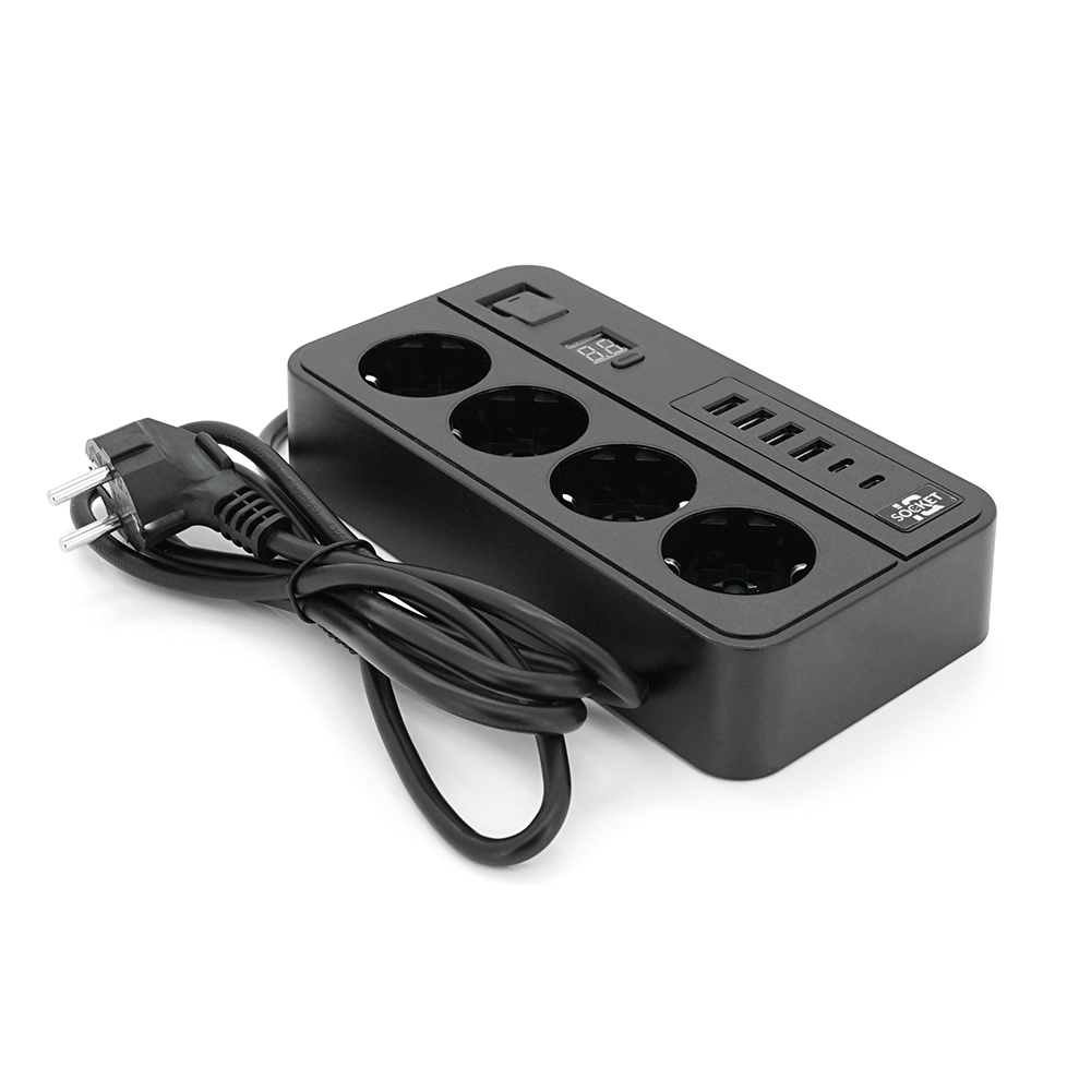 Мережевий фільтр G13H, 3000W, 4 Socket + 4 USB 3,2А + 2 Type-C + таймер, 2м, Black, Box (Y-33575)